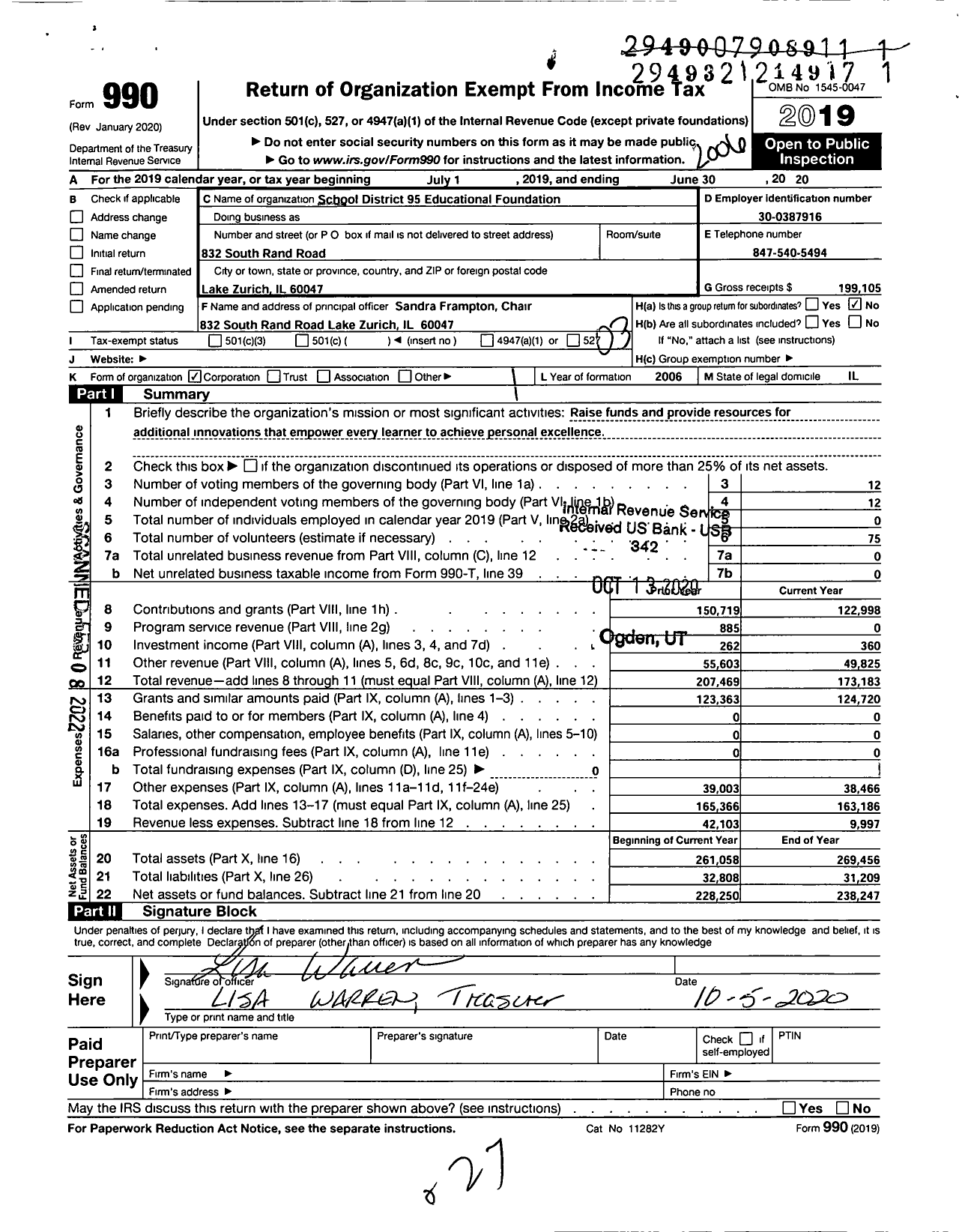 Image of first page of 2019 Form 990 for School District 95 Educational Foundation