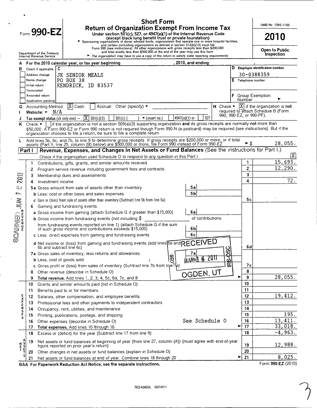 Image of first page of 2010 Form 990EZ for J K Senior Meals