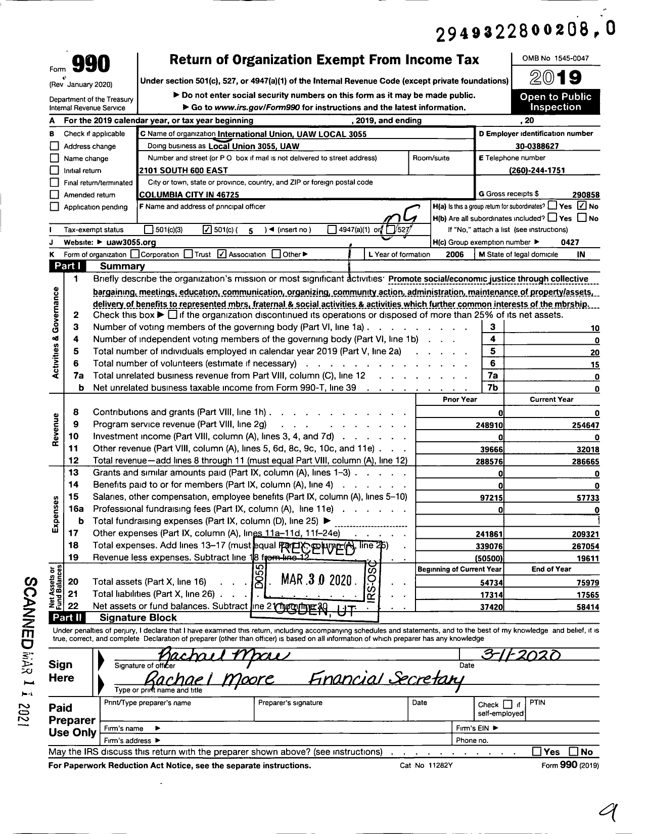 Image of first page of 2019 Form 990O for UAW - Local Union 3055 UAW