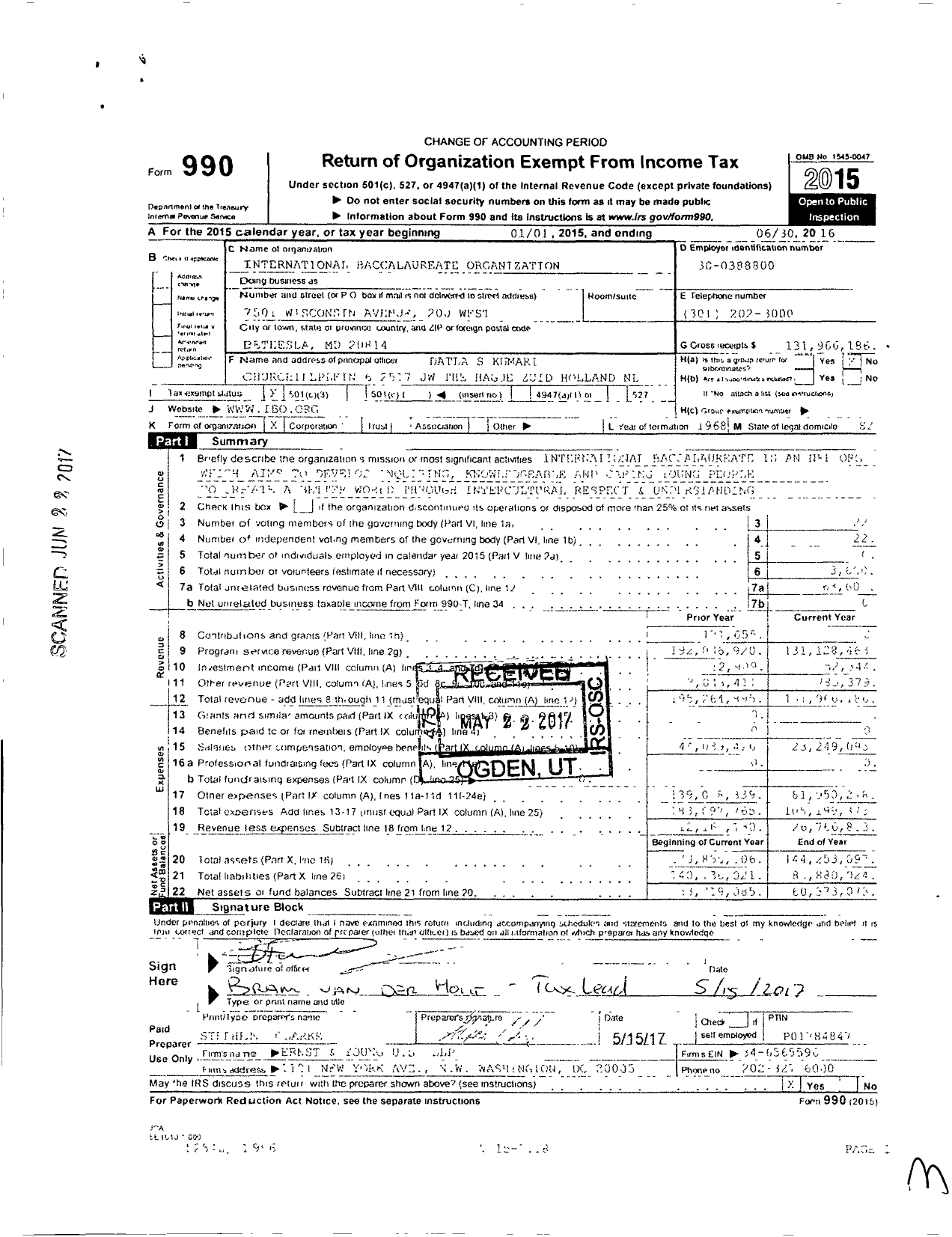 Image of first page of 2015 Form 990 for International Baccalaureate Organization
