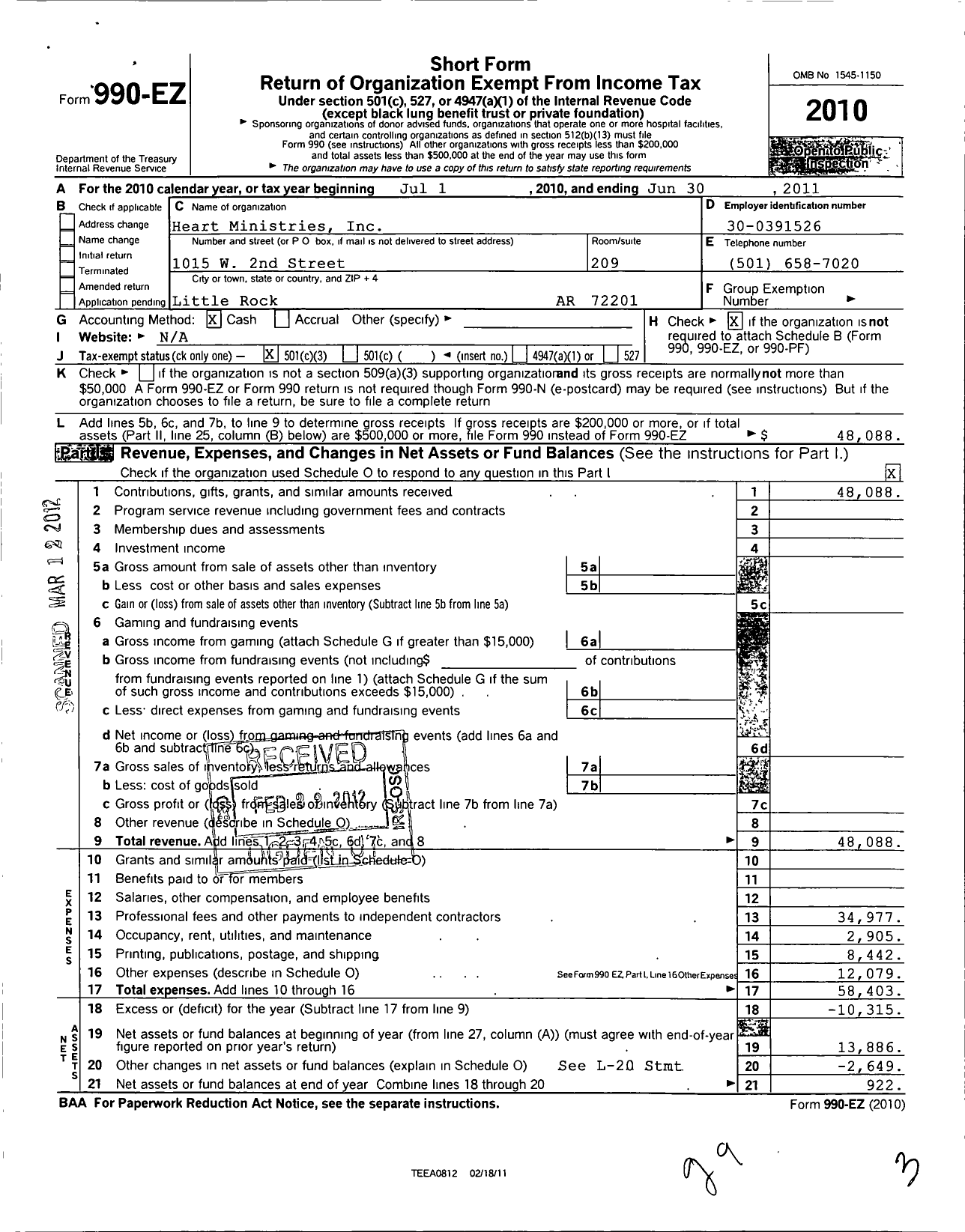 Image of first page of 2010 Form 990EZ for Heart Ministries