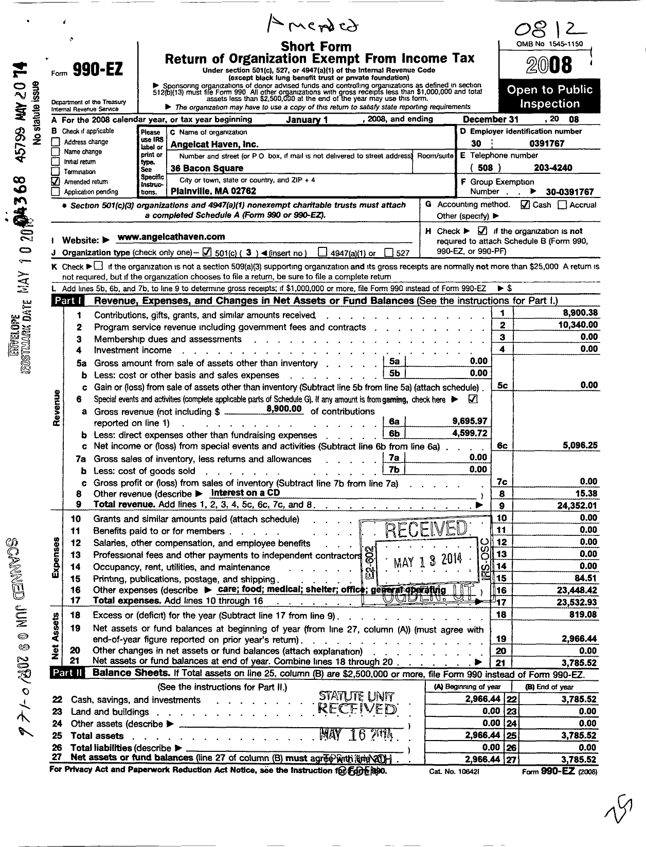 Image of first page of 2008 Form 990EZ for Angelcat Haven Incorporated