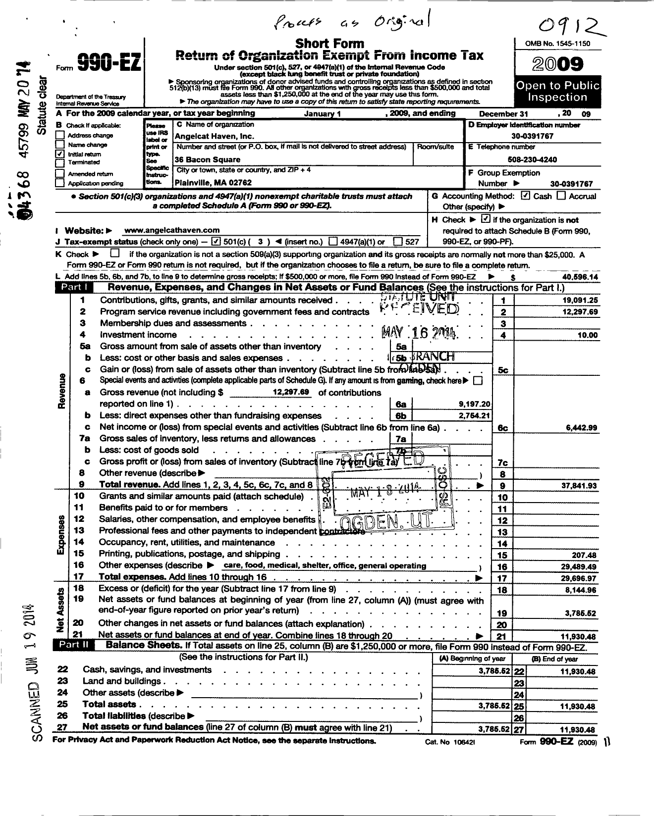 Image of first page of 2009 Form 990EZ for Angelcat Haven Incorporated