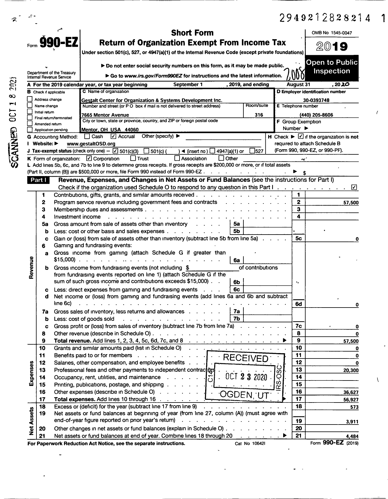 Image of first page of 2019 Form 990EZ for Gestalt Center for Organization and Systems Development