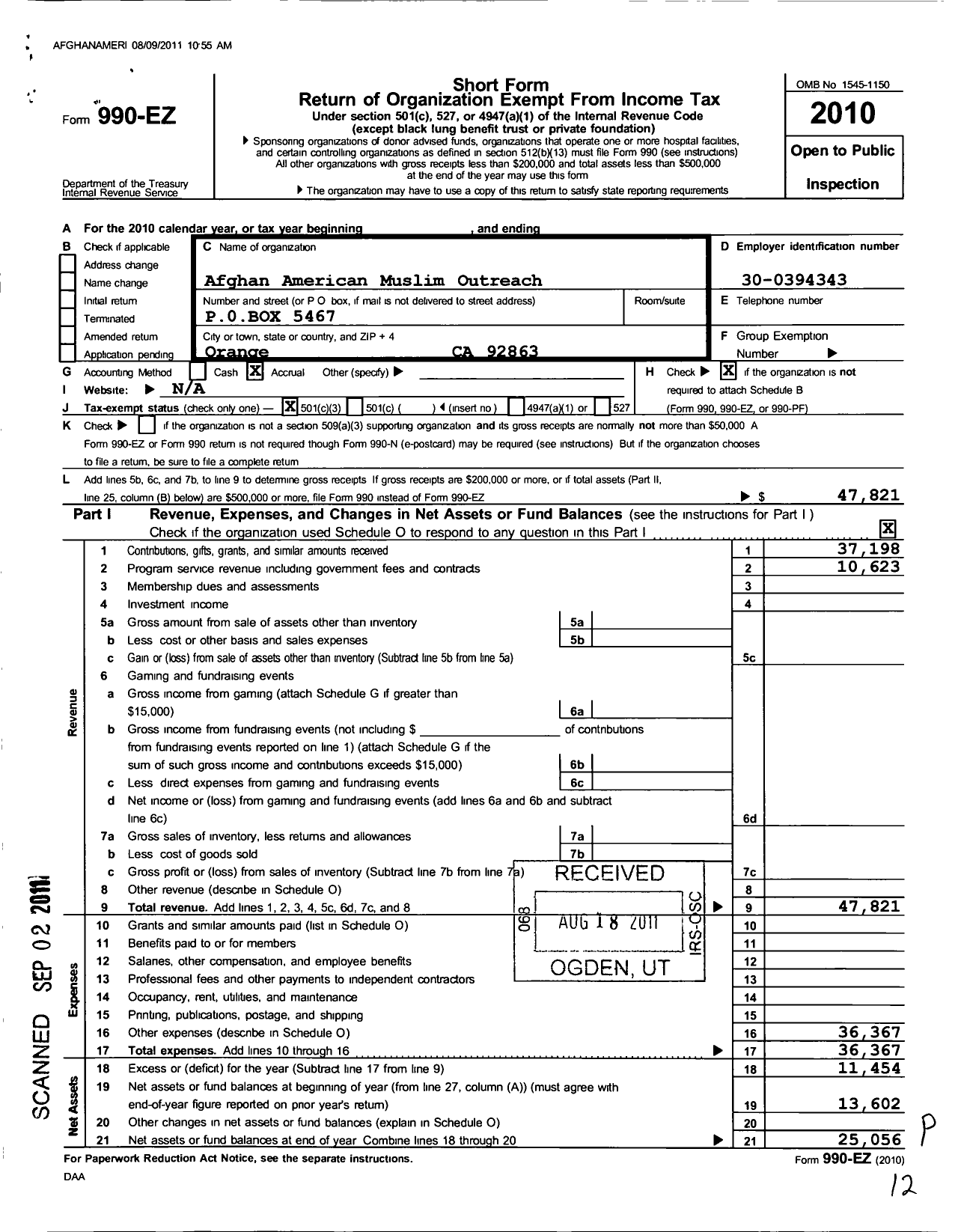 Image of first page of 2010 Form 990EZ for Afghan American Muslim Outreach