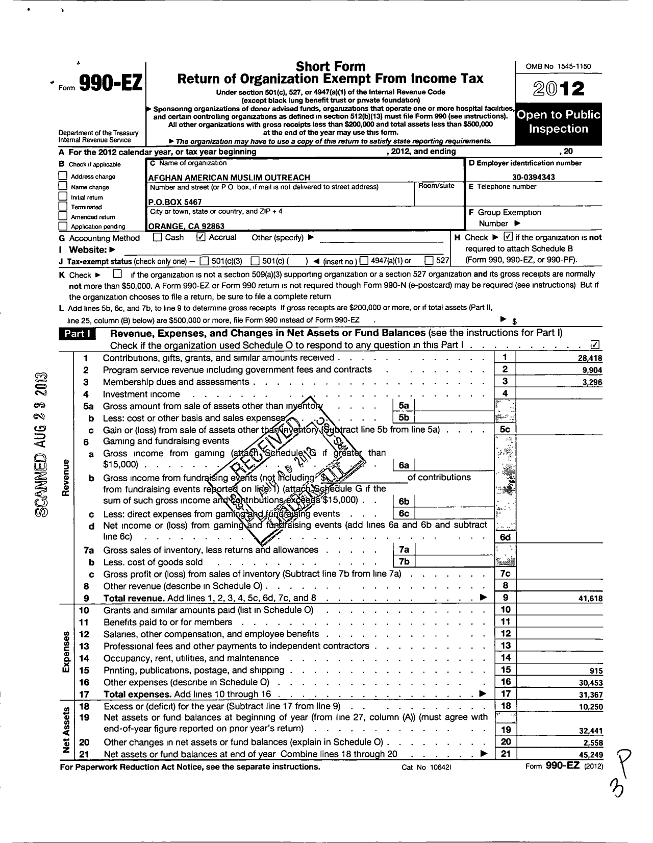 Image of first page of 2012 Form 990EO for Afghan American Muslim Outreach