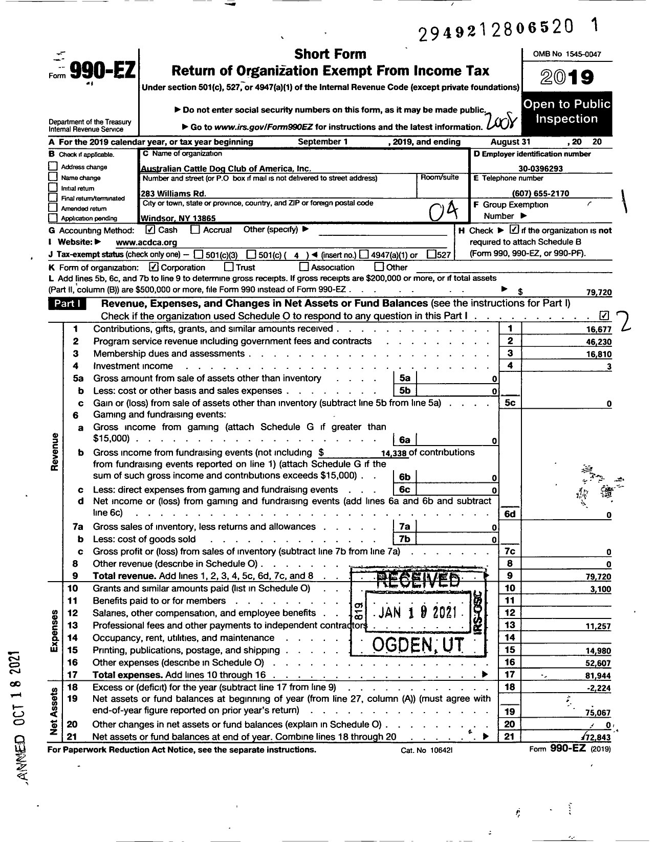 Image of first page of 2019 Form 990EO for Australian Cattle Dog Club of America