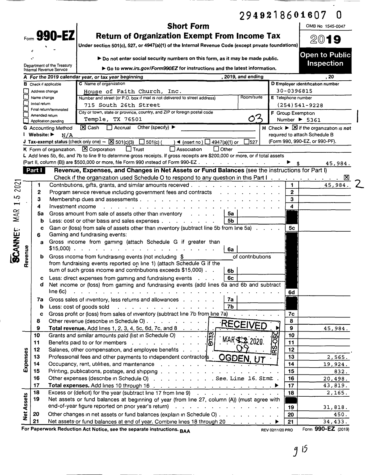 Image of first page of 2019 Form 990EZ for House of Faith Church / Sheri Evans