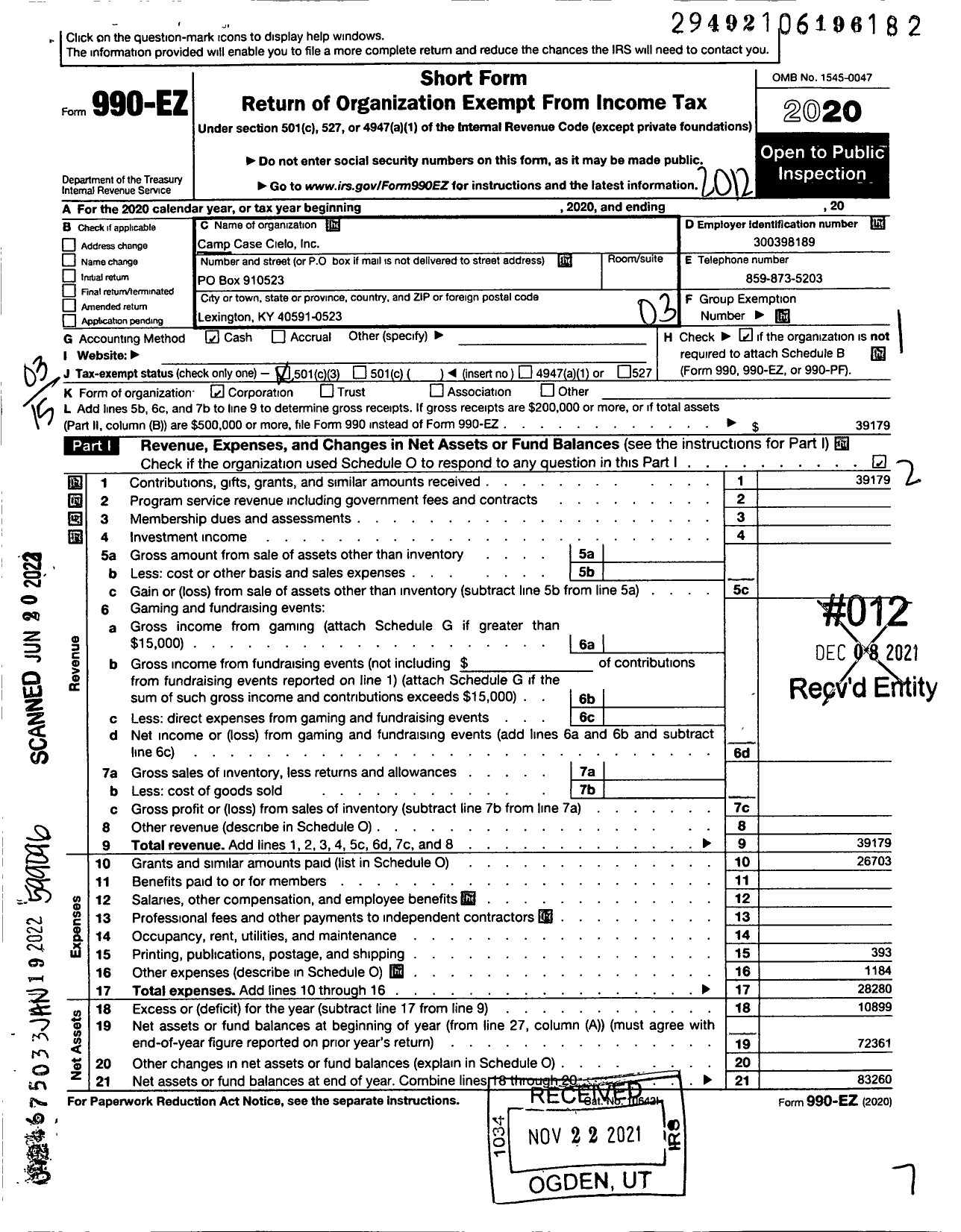 Image of first page of 2020 Form 990EZ for Camp Casi Cielo