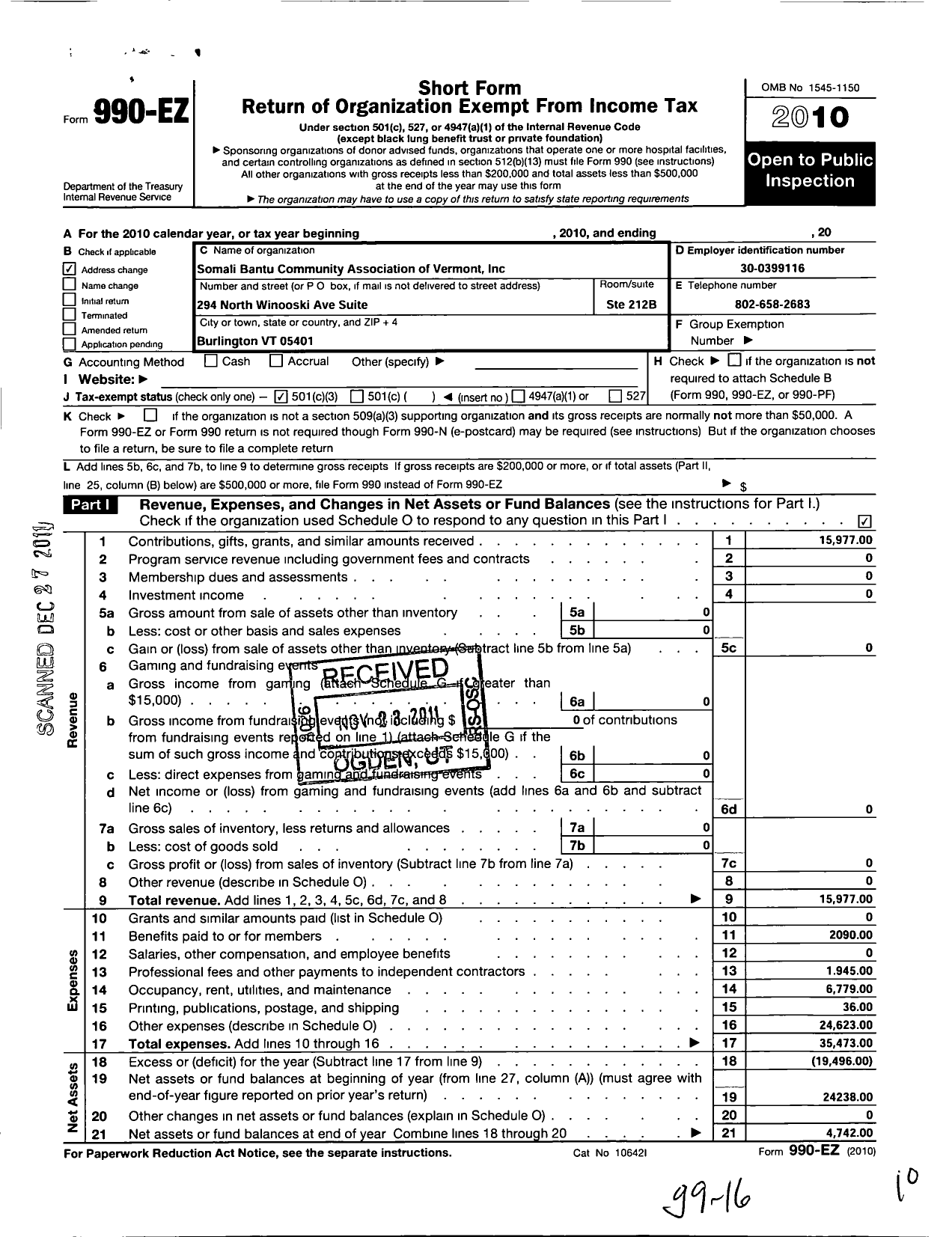 Image of first page of 2010 Form 990EZ for Somali Bantu Community Association of Vermont