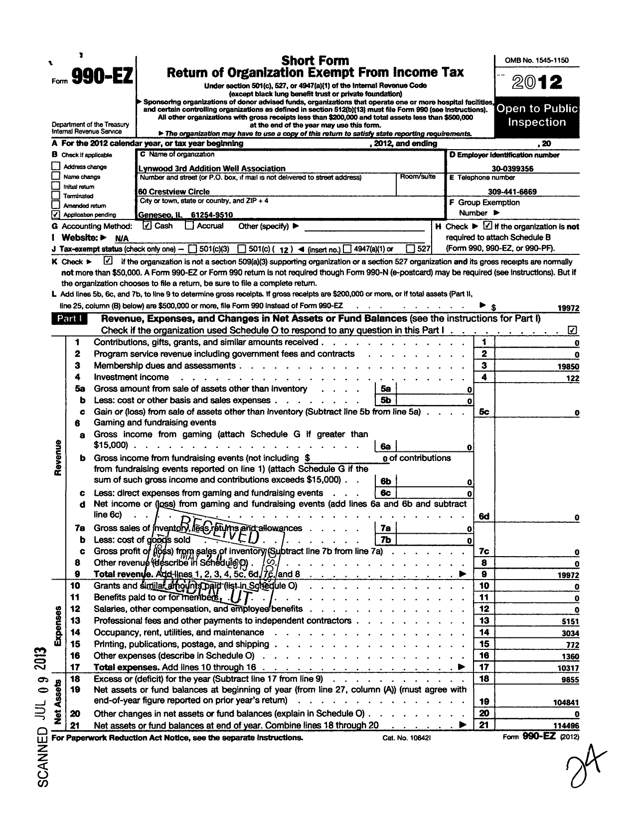 Image of first page of 2012 Form 990EO for Lynwood 3rd Addition Water