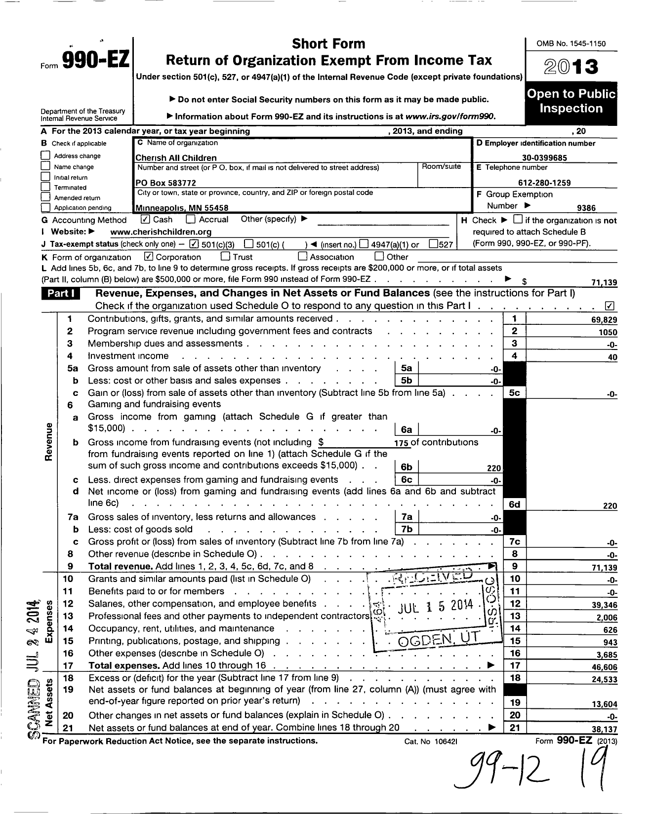 Image of first page of 2013 Form 990EZ for Cherish All Children