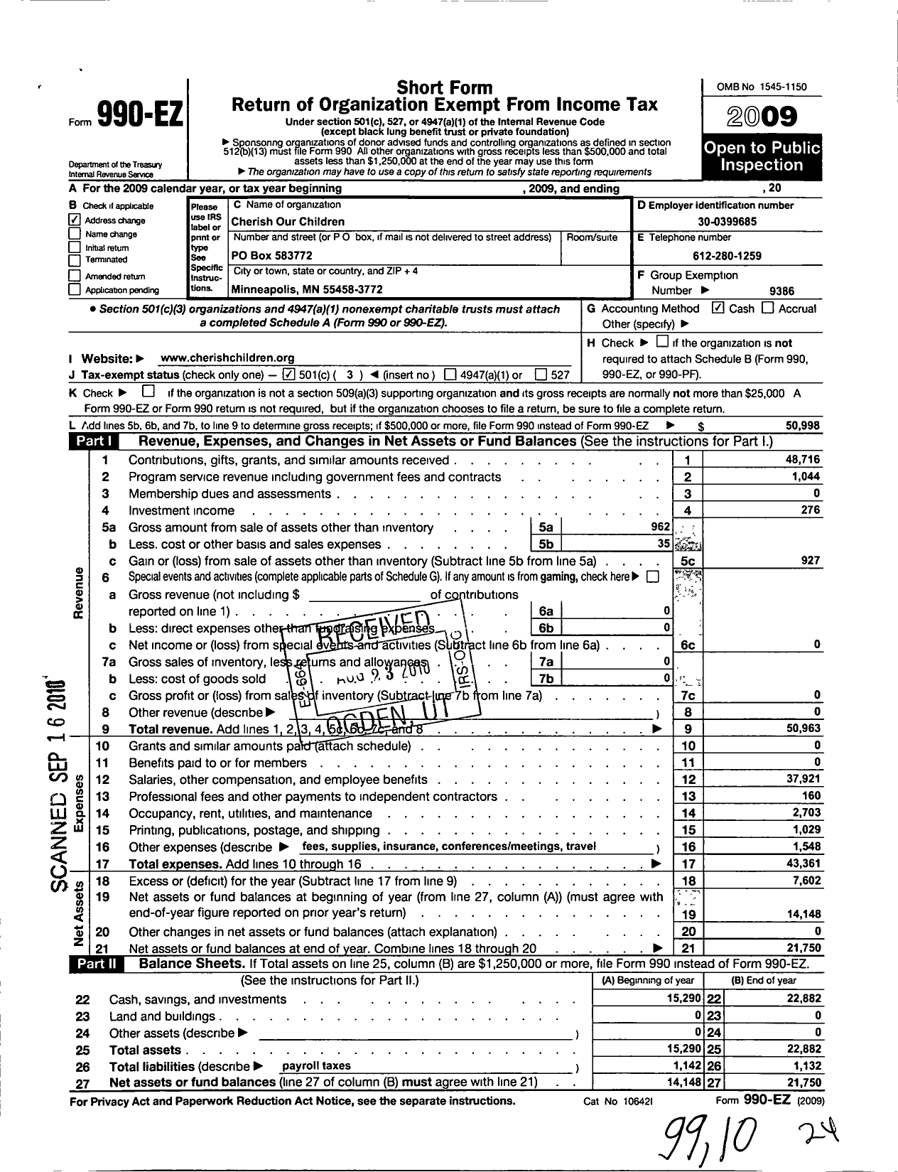 Image of first page of 2009 Form 990EZ for Cherish All Children