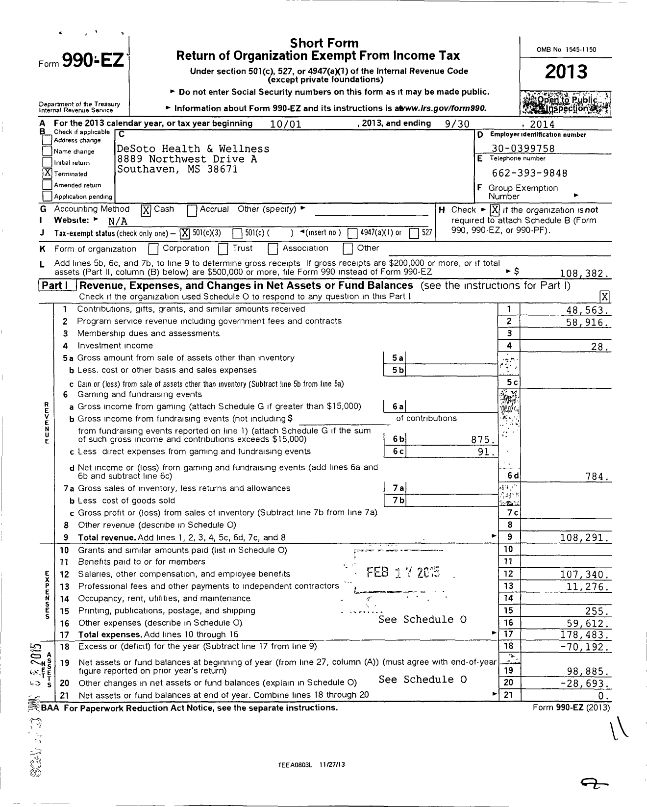 Image of first page of 2013 Form 990EZ for Desoto Health and Wellness