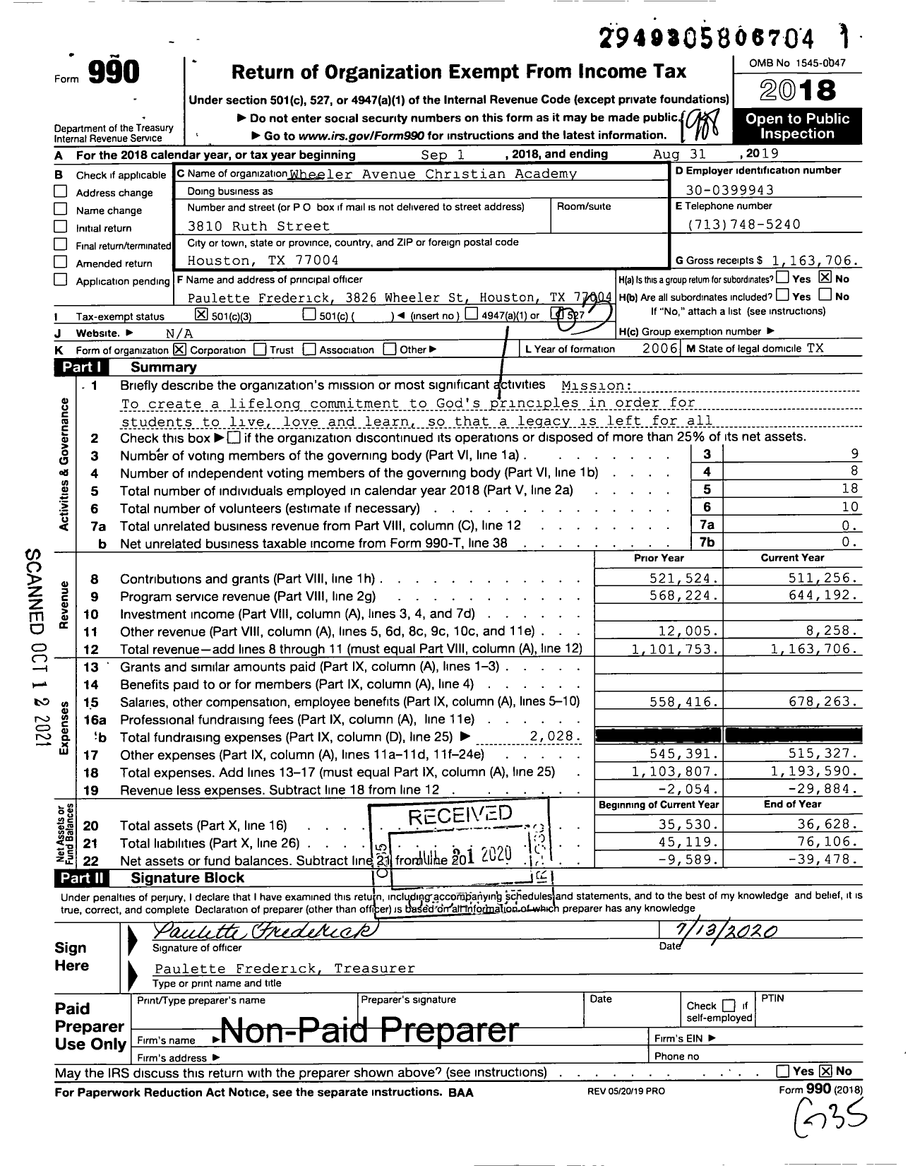 Image of first page of 2018 Form 990 for Wheeler Avenue Christian Academy