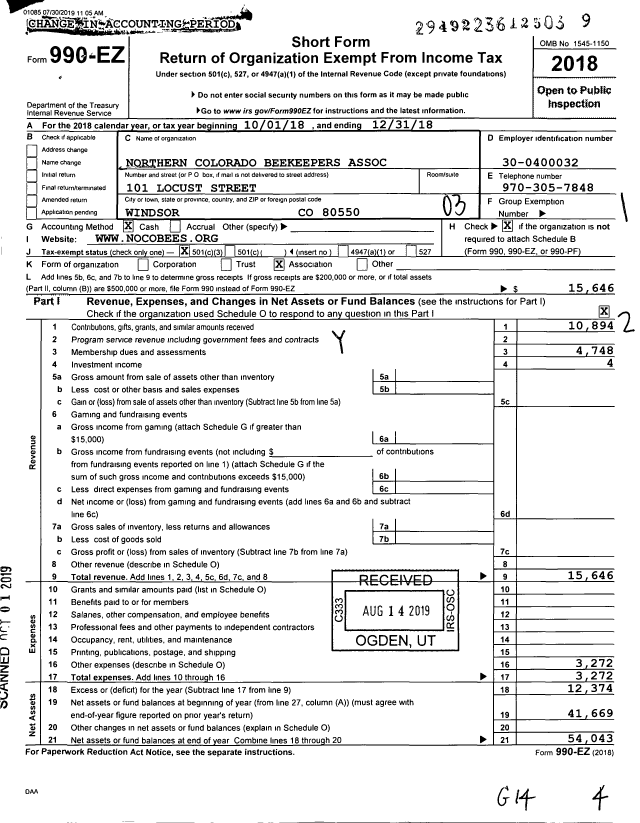 Image of first page of 2018 Form 990EZ for Northern Colorado Beekeepers Association