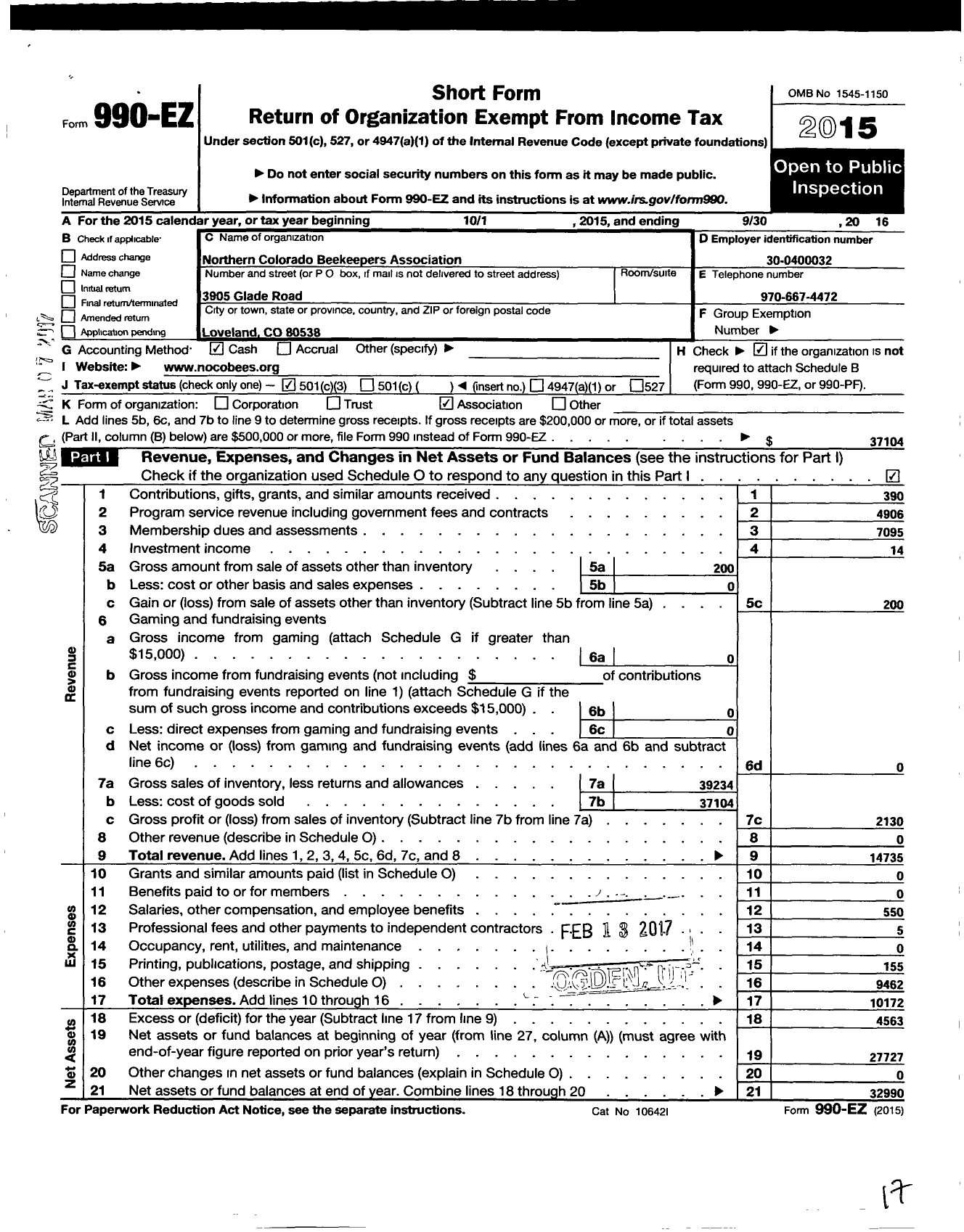 Image of first page of 2015 Form 990EZ for Northern Colorado Beekeepers Association