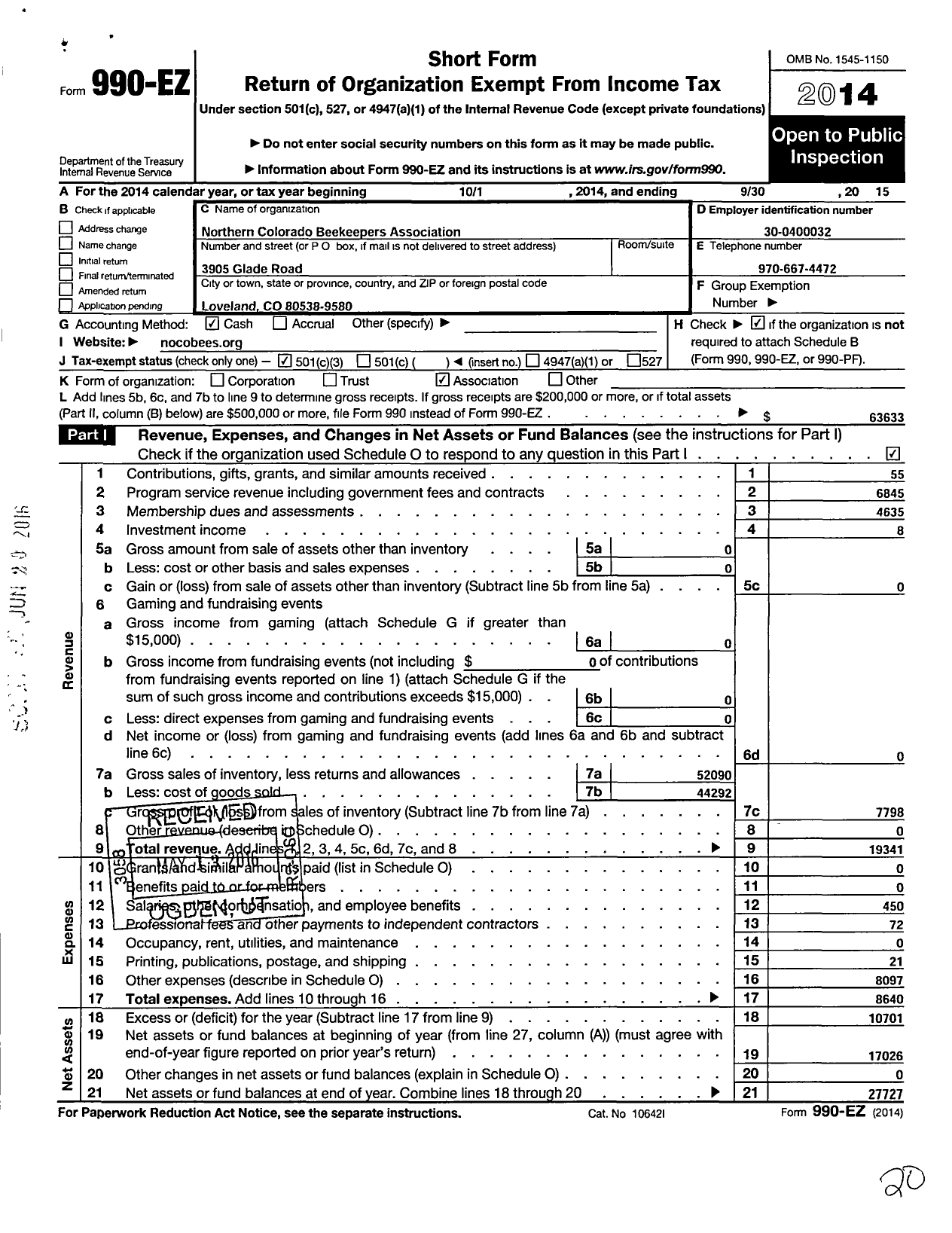 Image of first page of 2014 Form 990EZ for Northern Colorado Beekeepers Association