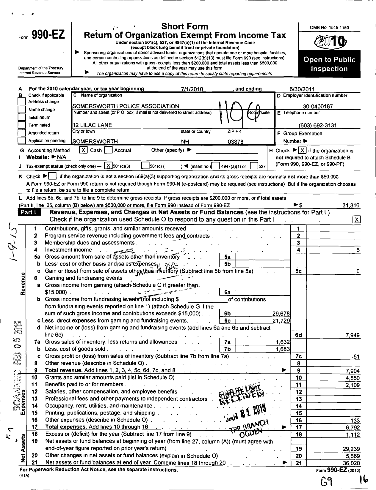 Image of first page of 2010 Form 990EZ for Somersworth Police Association