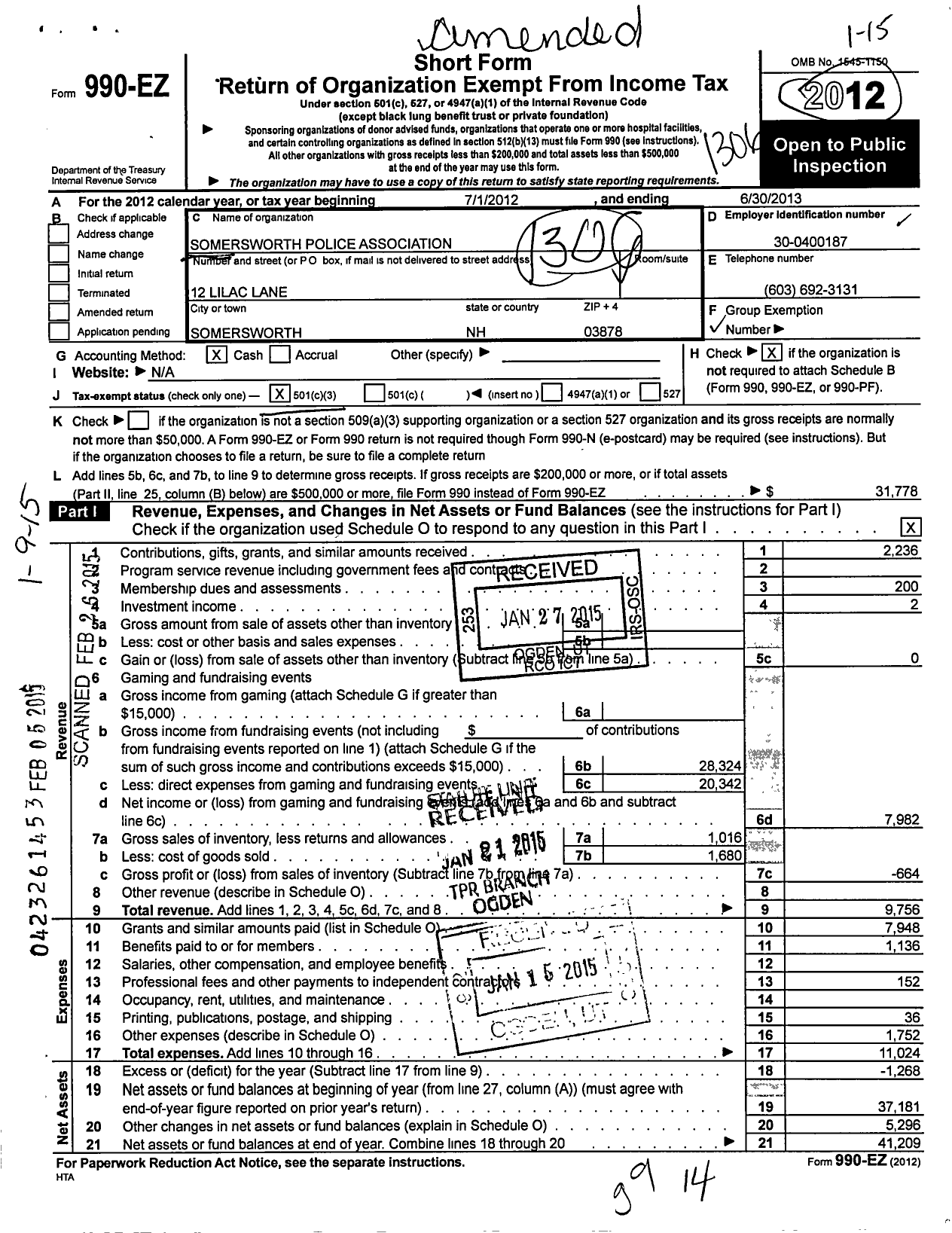 Image of first page of 2012 Form 990EZ for Somersworth Police Association