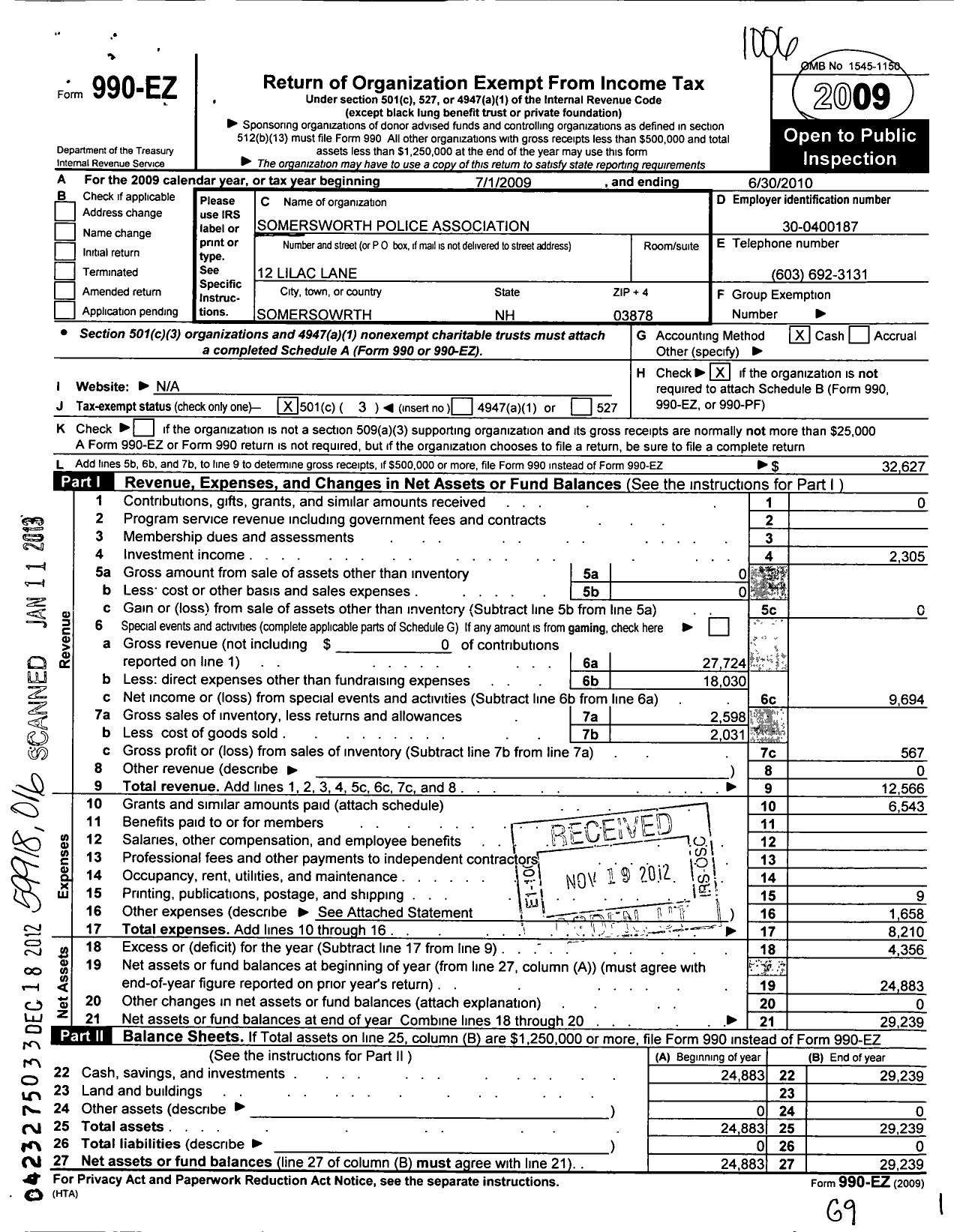 Image of first page of 2009 Form 990EZ for Somersworth Police Association