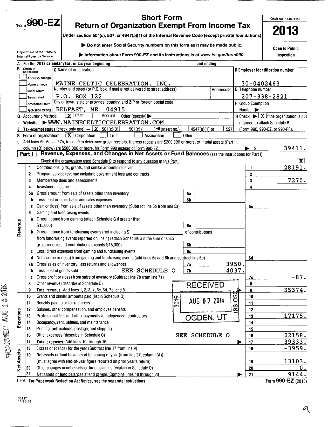Image of first page of 2013 Form 990EZ for Maine Celtic Celebrations