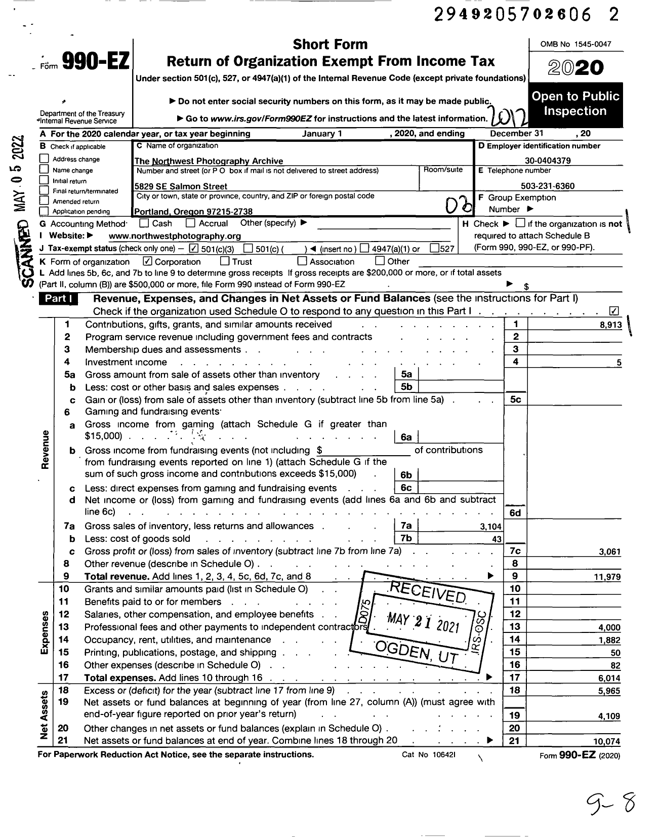 Image of first page of 2020 Form 990EZ for Northwest Photography Archive