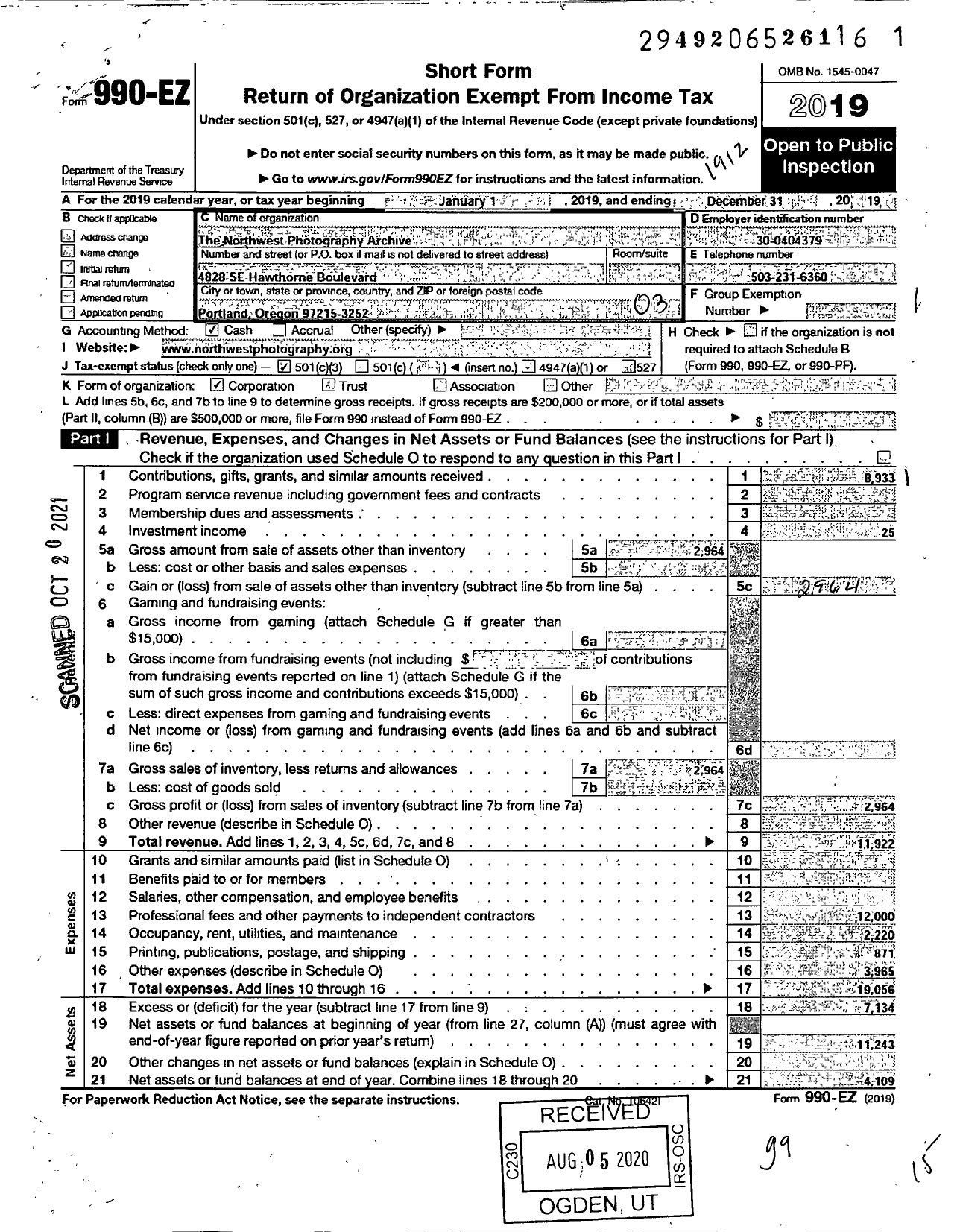 Image of first page of 2019 Form 990EZ for Northwest Photography Archive