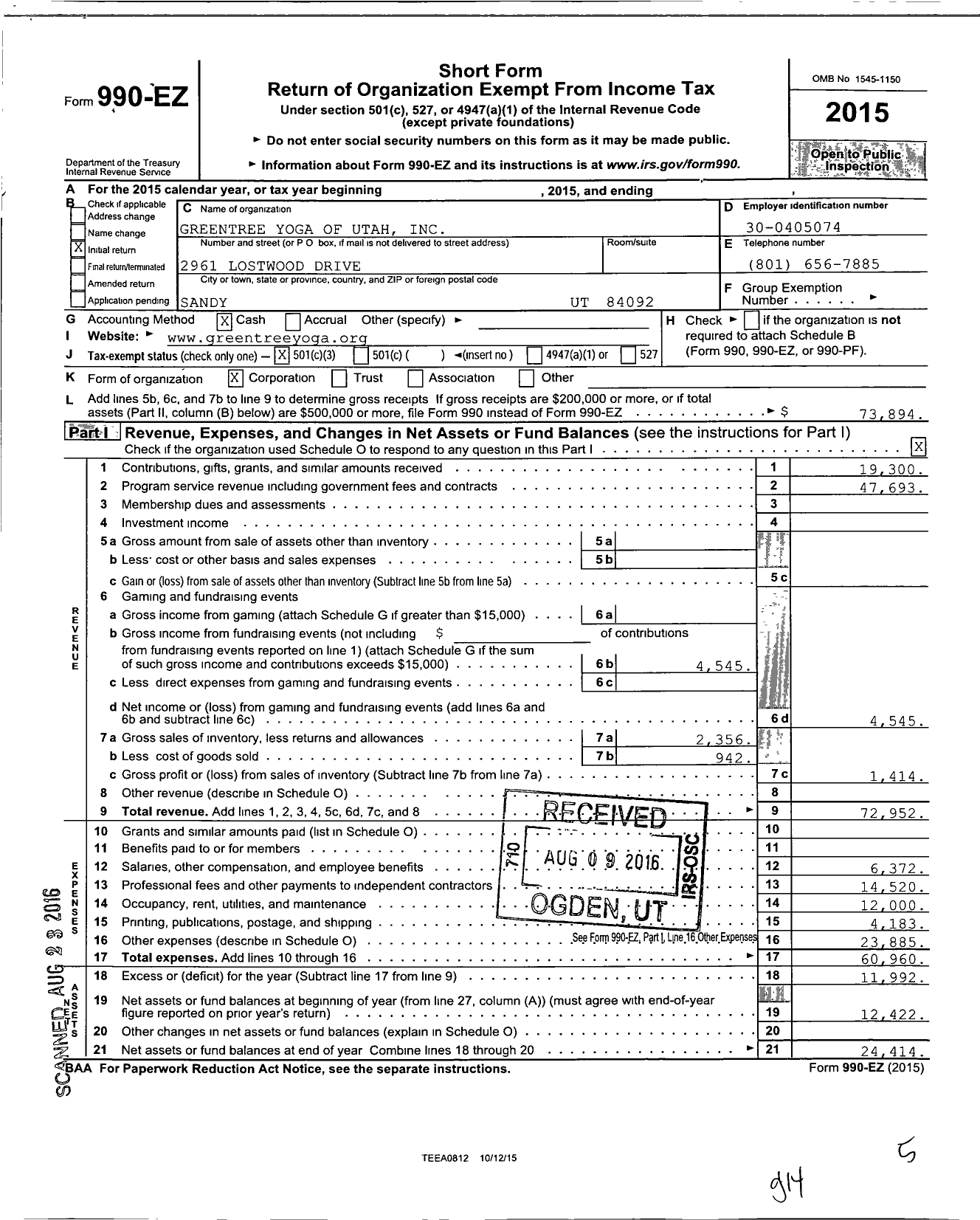 Image of first page of 2015 Form 990EZ for Greentree Yoga of Utah Incorporated