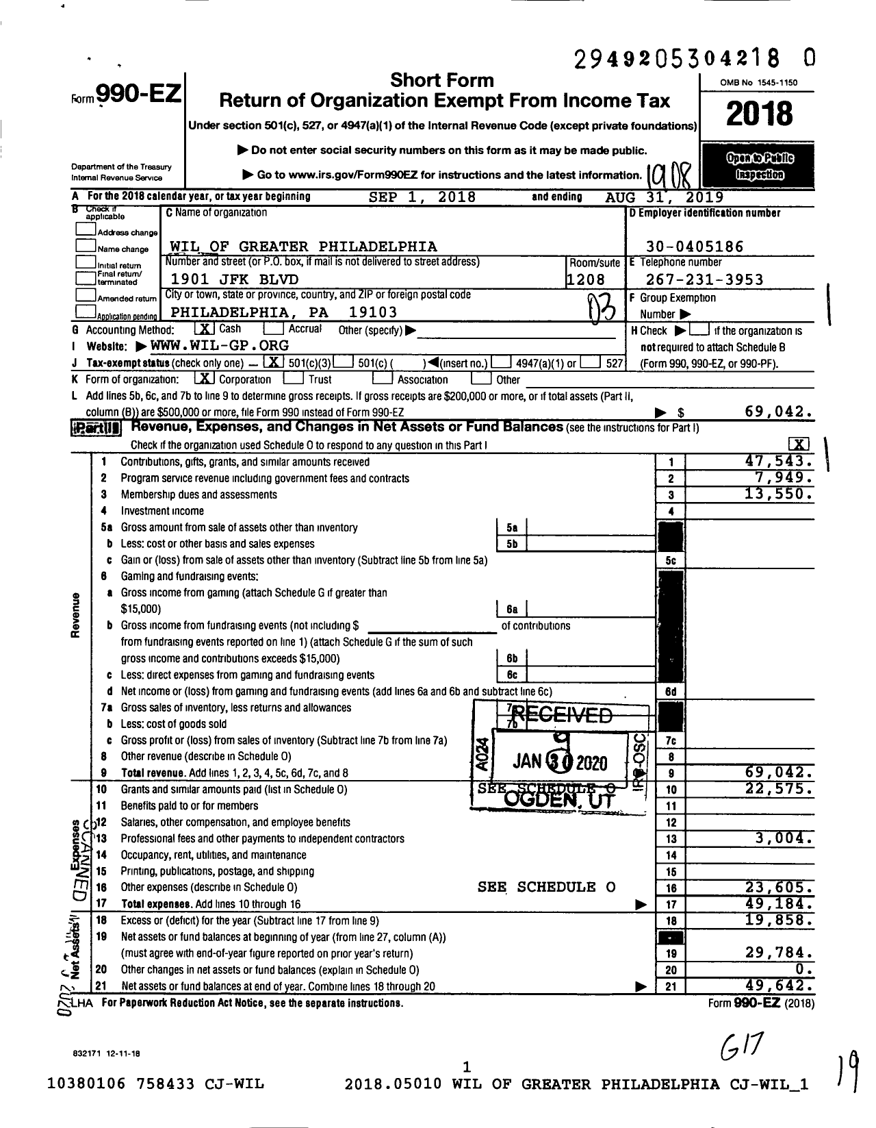 Image of first page of 2018 Form 990EZ for Women International Leaders of Greater Philadelphia