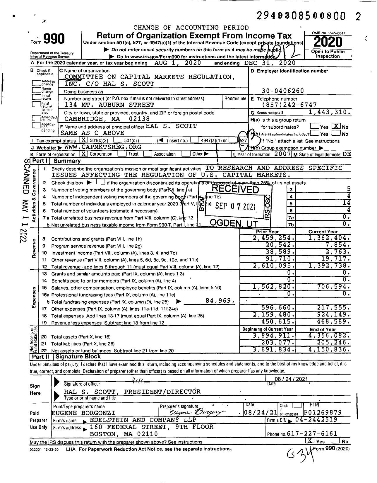 Image of first page of 2020 Form 990 for Committee on Capital Markets Regulation