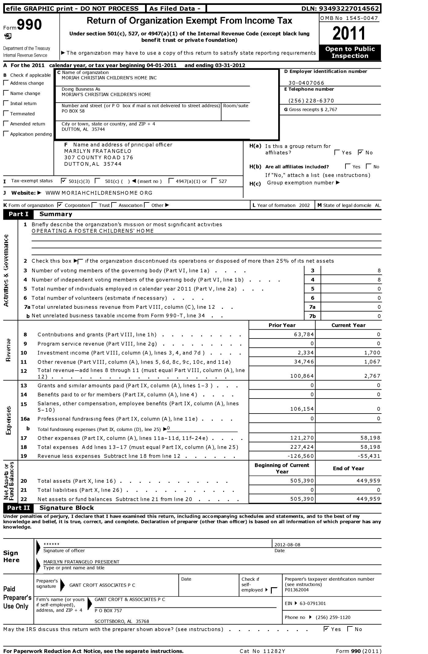 Image of first page of 2011 Form 990 for Moriah Christian Childrens Home