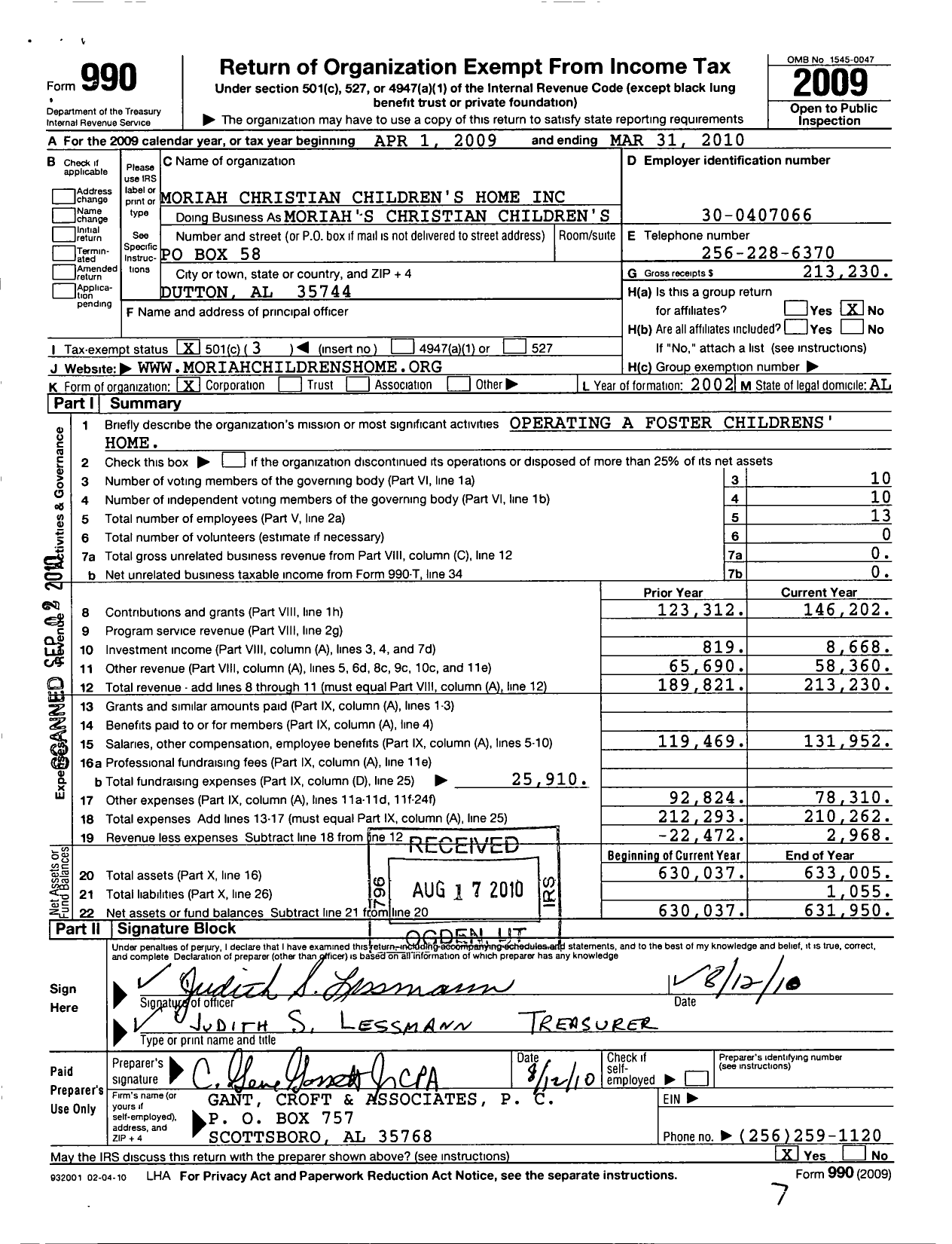 Image of first page of 2009 Form 990 for Moriah Christian Childrens Home