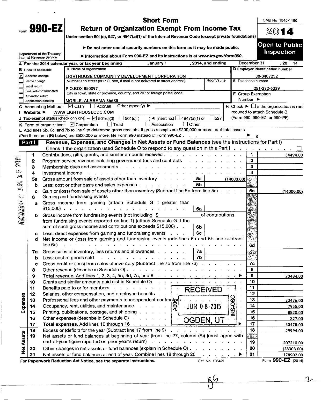 Image of first page of 2014 Form 990EZ for Lighthouse Community Development Corporation