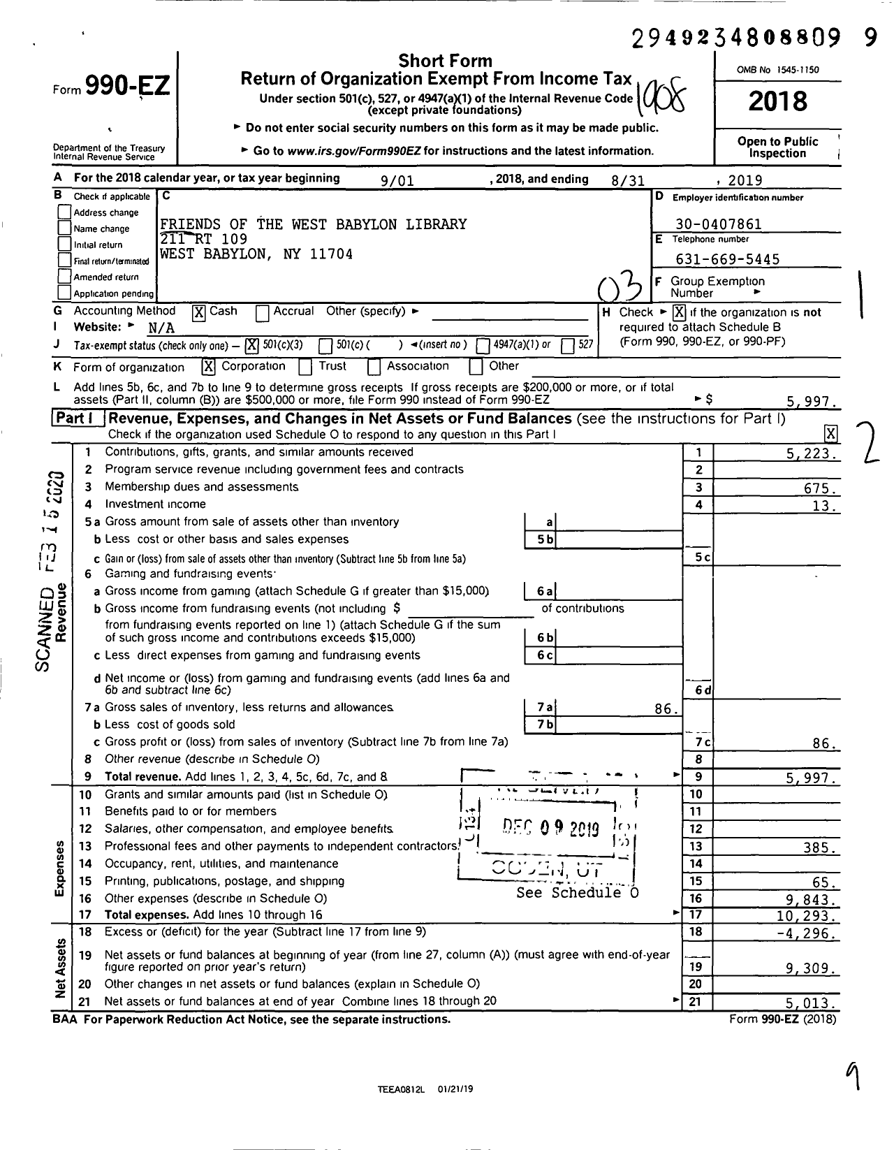 Image of first page of 2018 Form 990EZ for Friends of the West Babylon Library