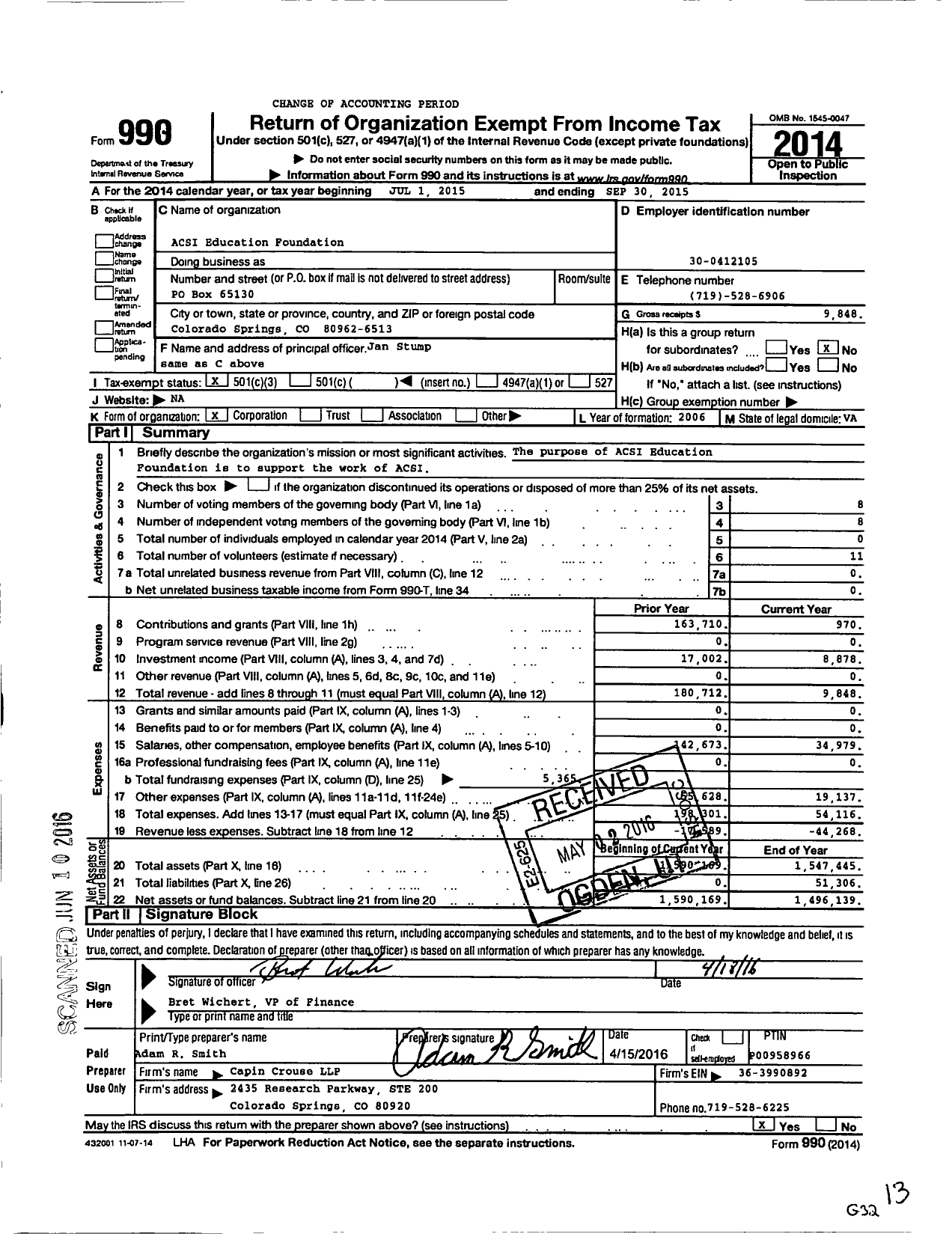 Image of first page of 2014 Form 990 for ACSI Education Foundation