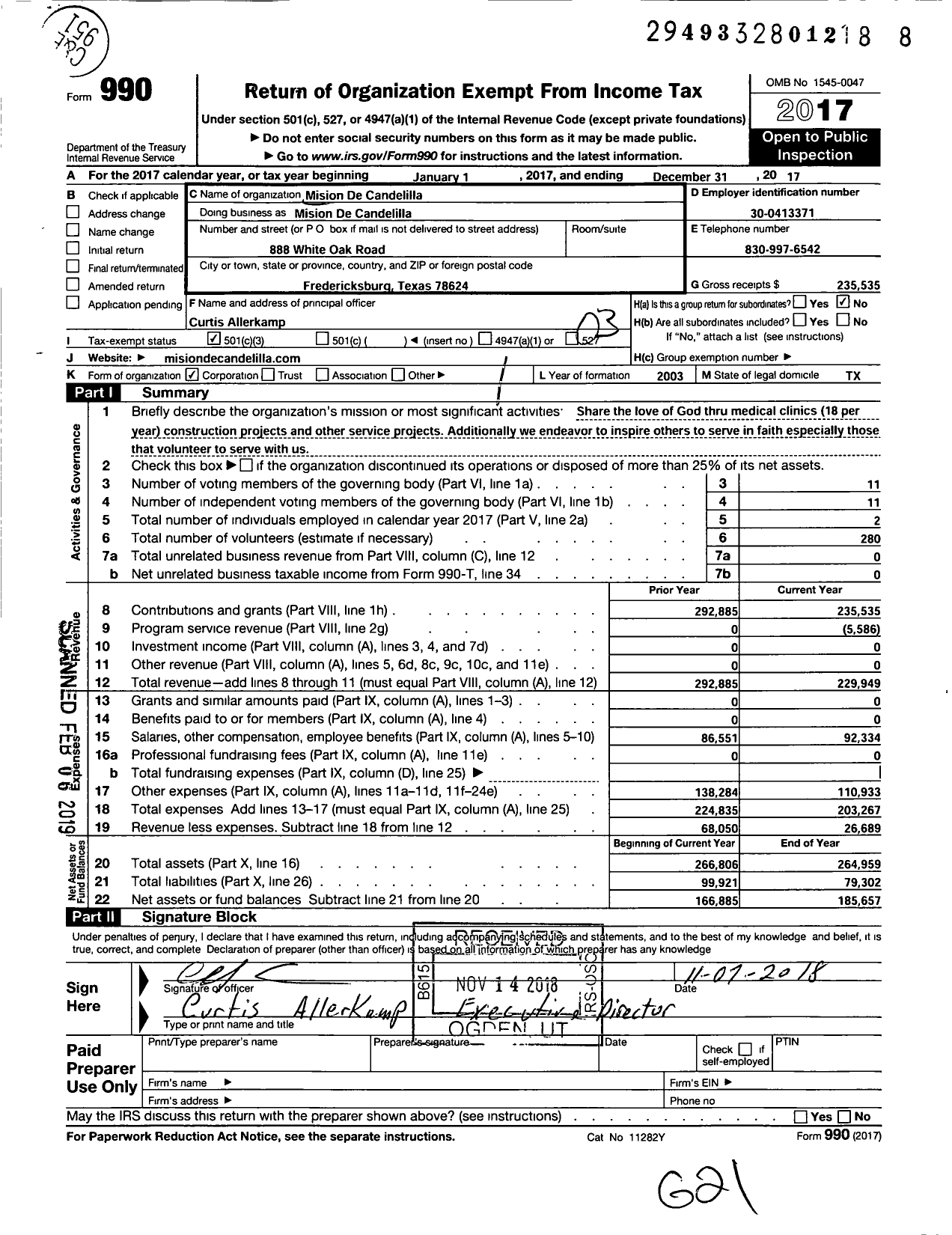 Image of first page of 2017 Form 990 for Mision De Candelilla