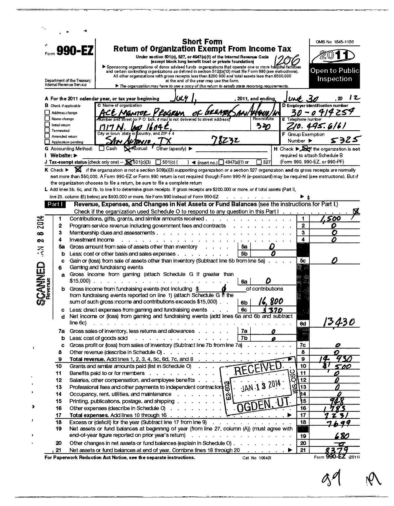 Image of first page of 2011 Form 990EZ for Ace Mentor Program of America