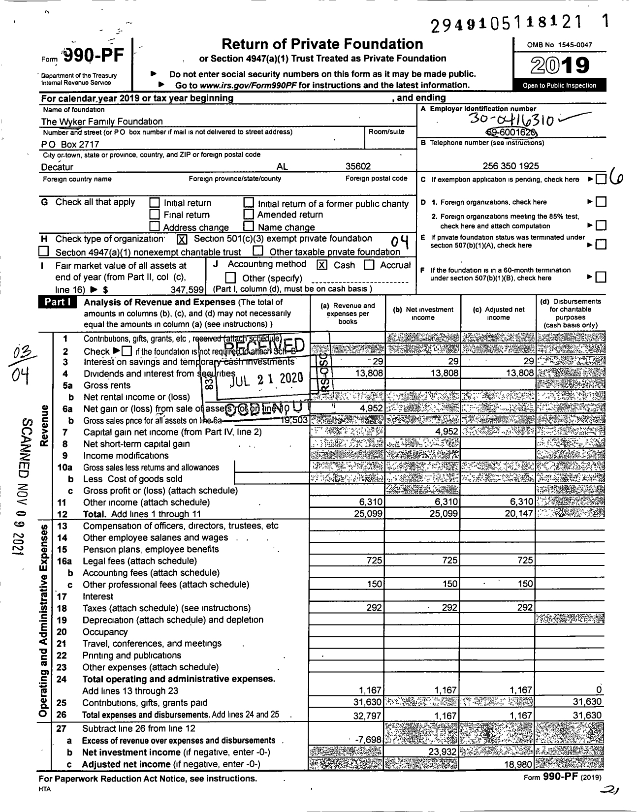 Image of first page of 2019 Form 990PF for The Wyker Family Foundation