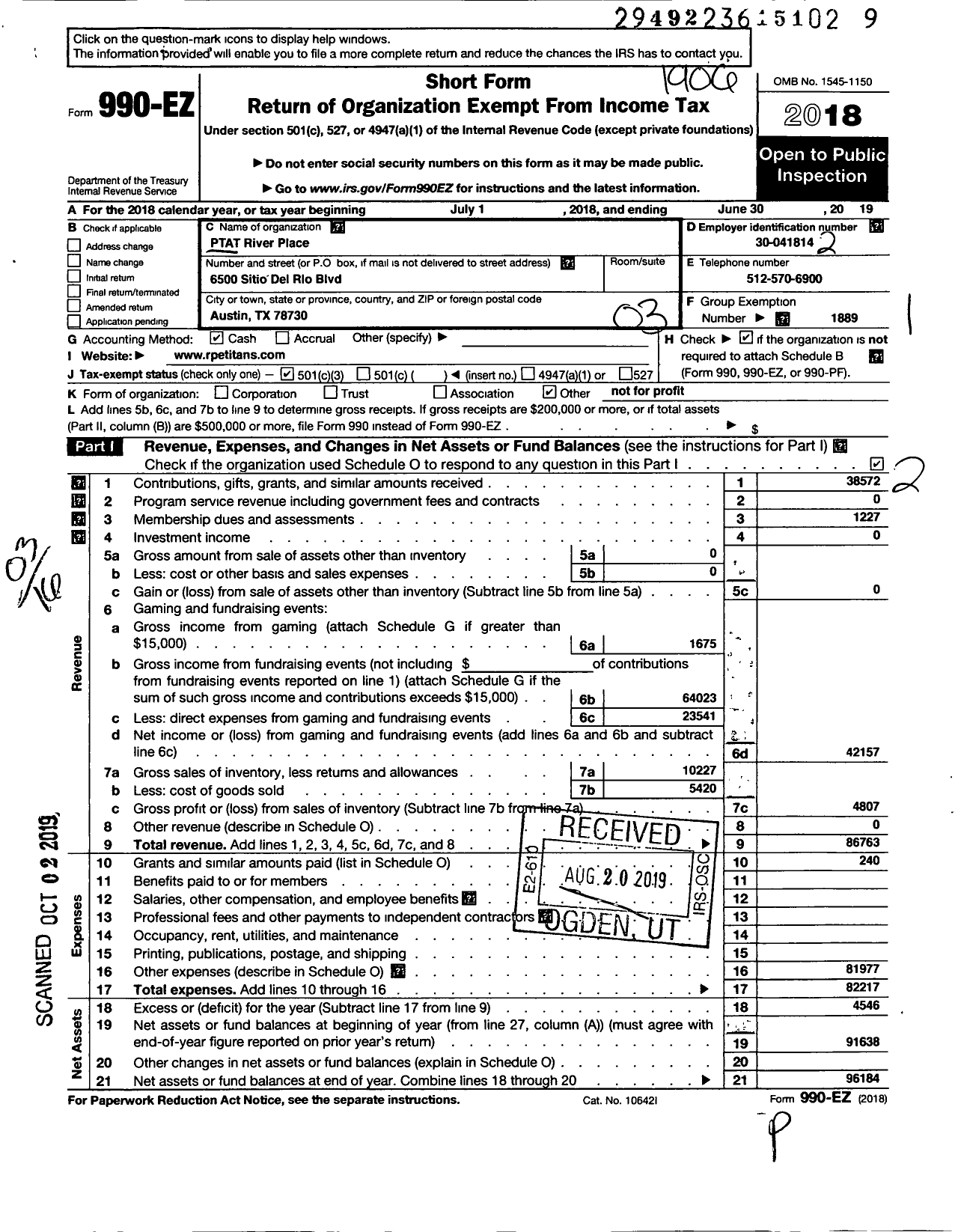 Image of first page of 2018 Form 990EZ for TEXAS PTA - 11770 River Place Elem PTA