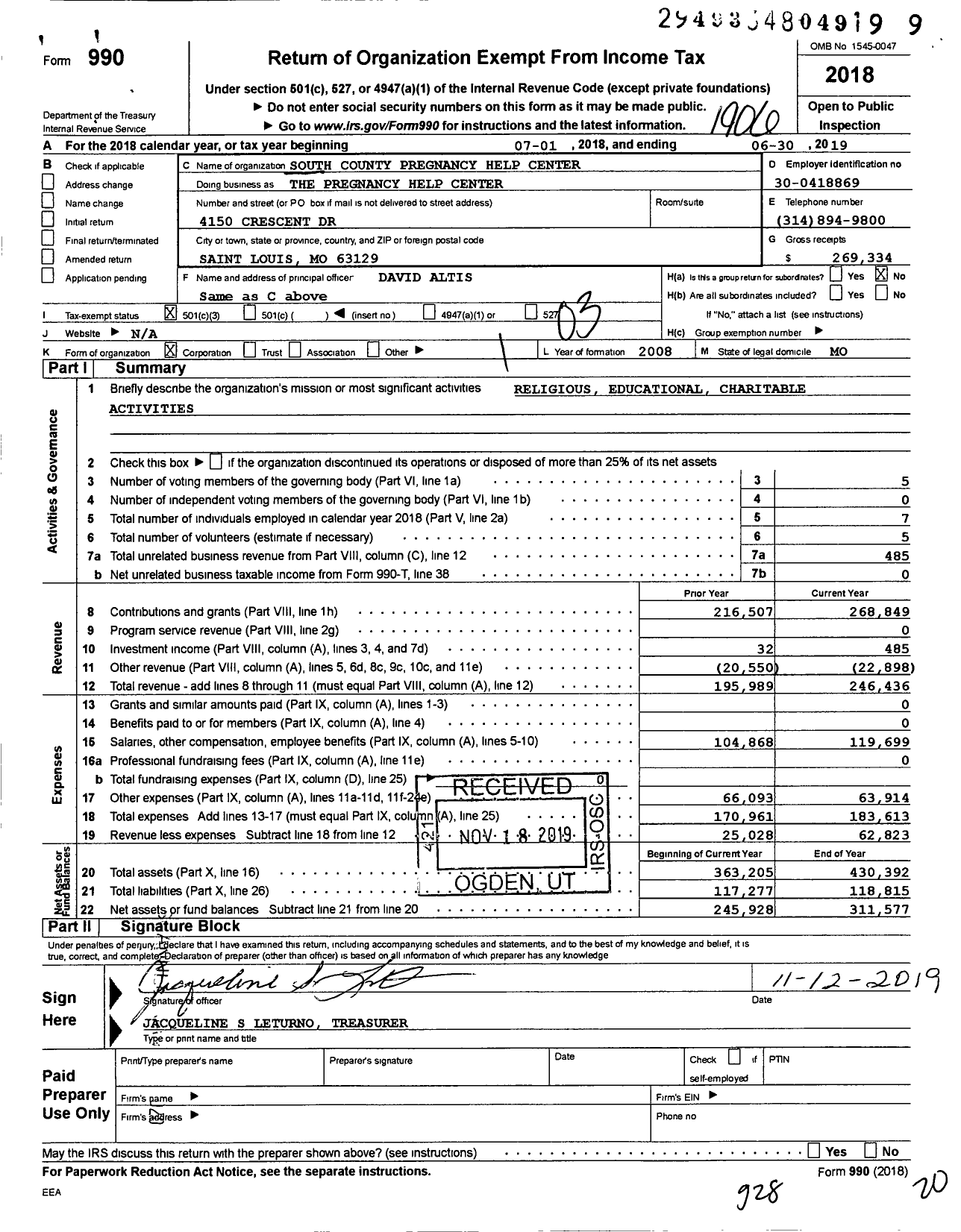 Image of first page of 2018 Form 990 for The Pregnancy Help Center