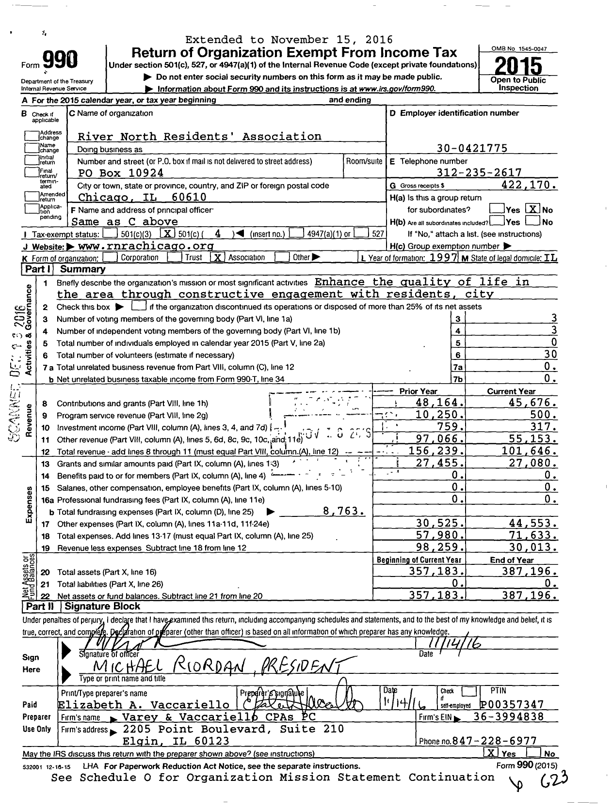 Image of first page of 2015 Form 990O for River North Residents Association