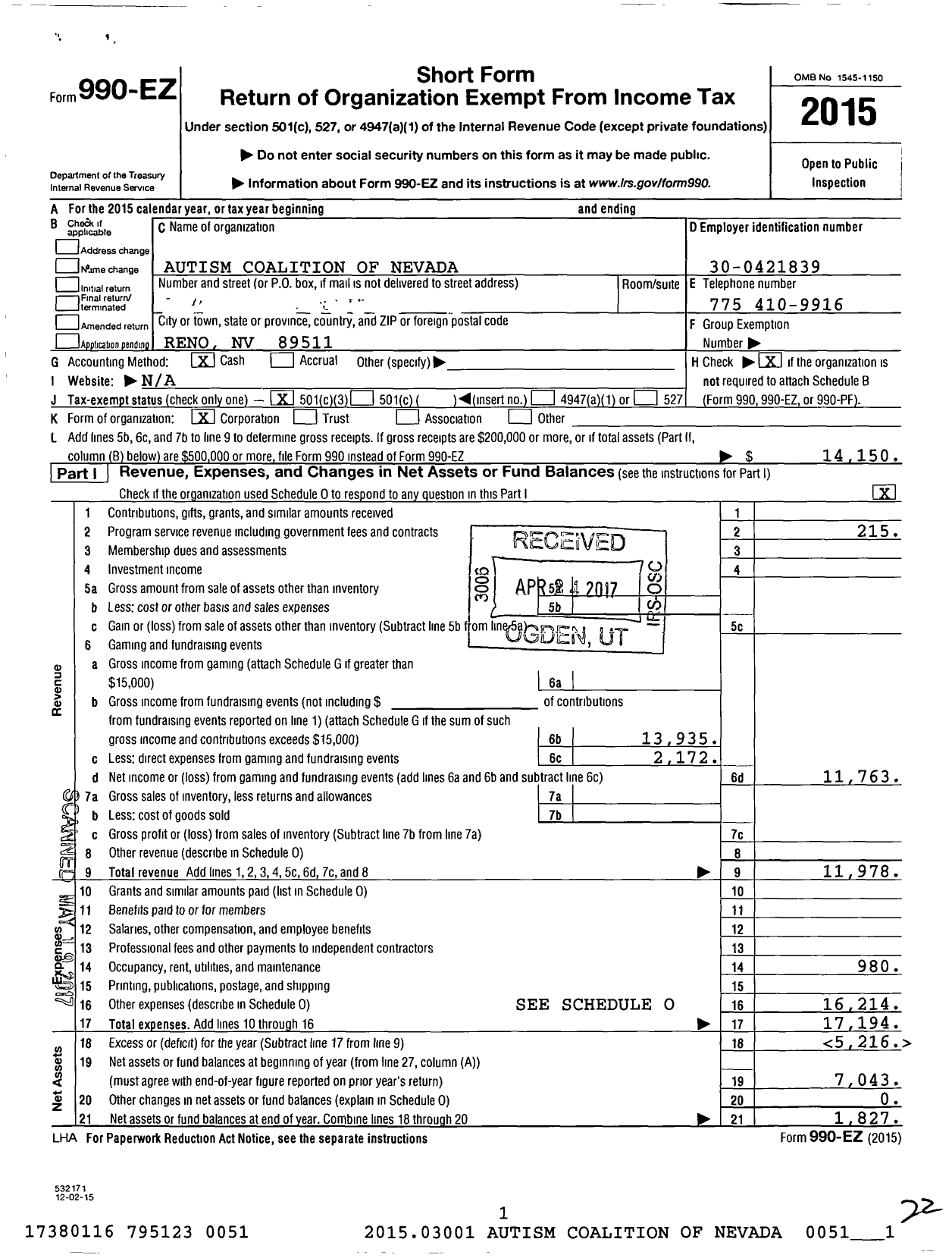 Image of first page of 2015 Form 990EZ for Autism Coalition of Nevada