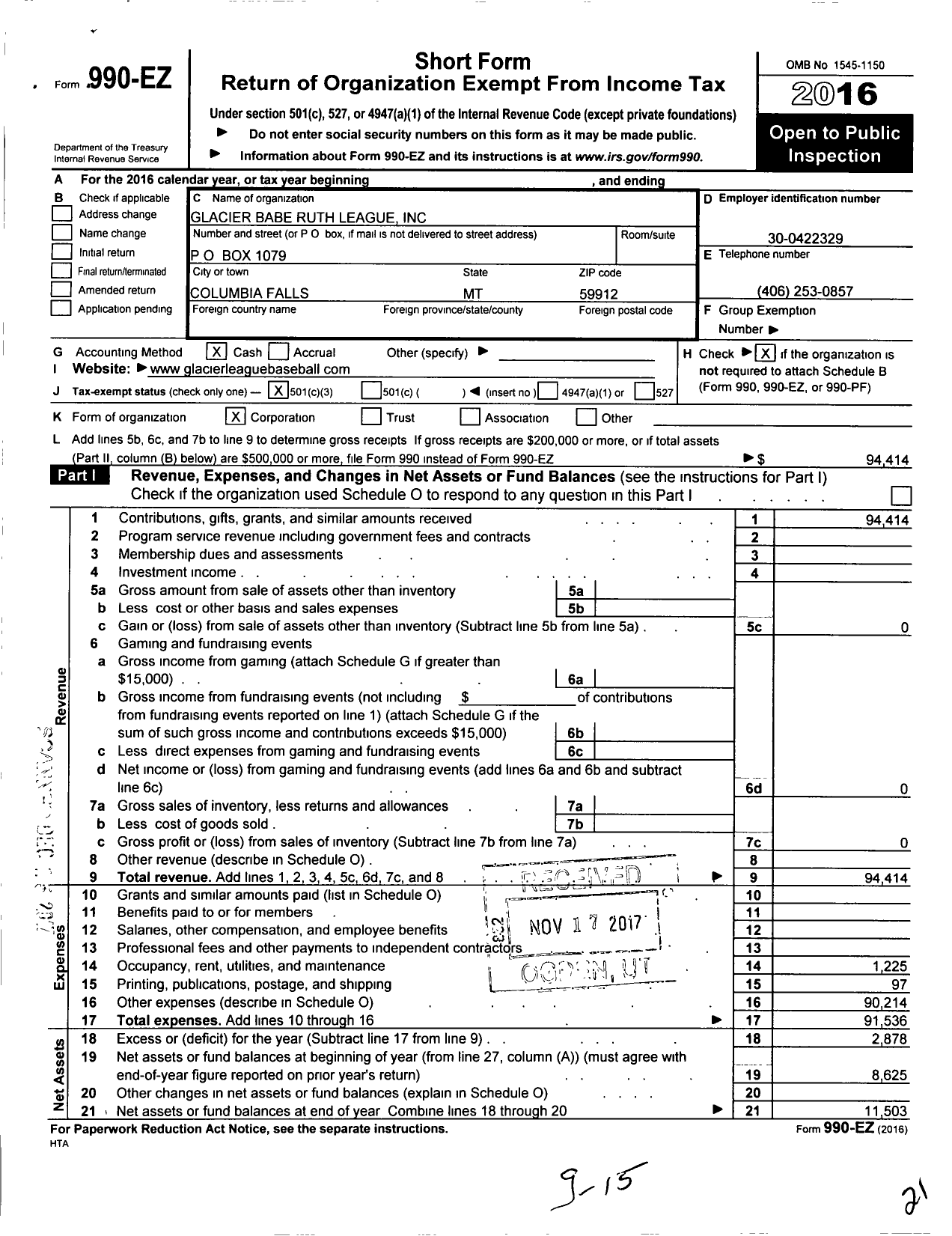 Image of first page of 2016 Form 990EZ for Glacier Babe Ruth League