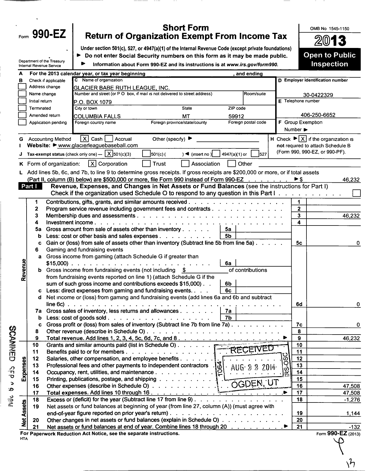 Image of first page of 2013 Form 990EZ for Glacier Babe Ruth League