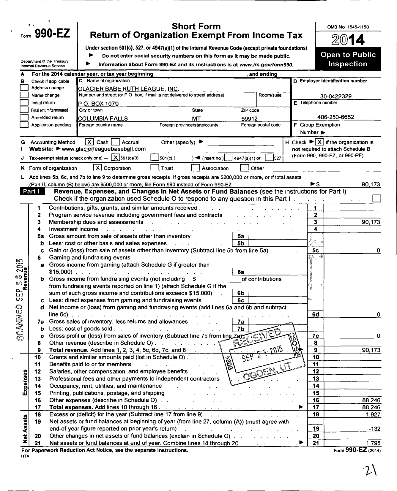 Image of first page of 2014 Form 990EZ for Glacier Babe Ruth League