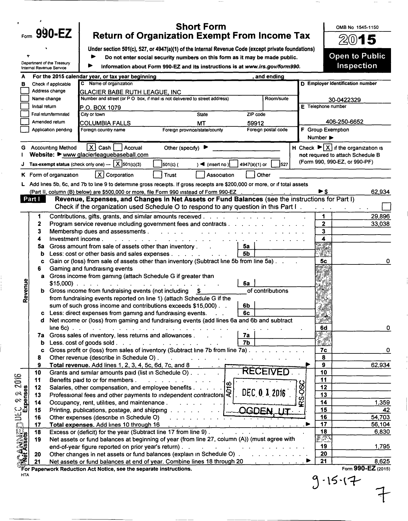 Image of first page of 2015 Form 990EZ for Glacier Babe Ruth League