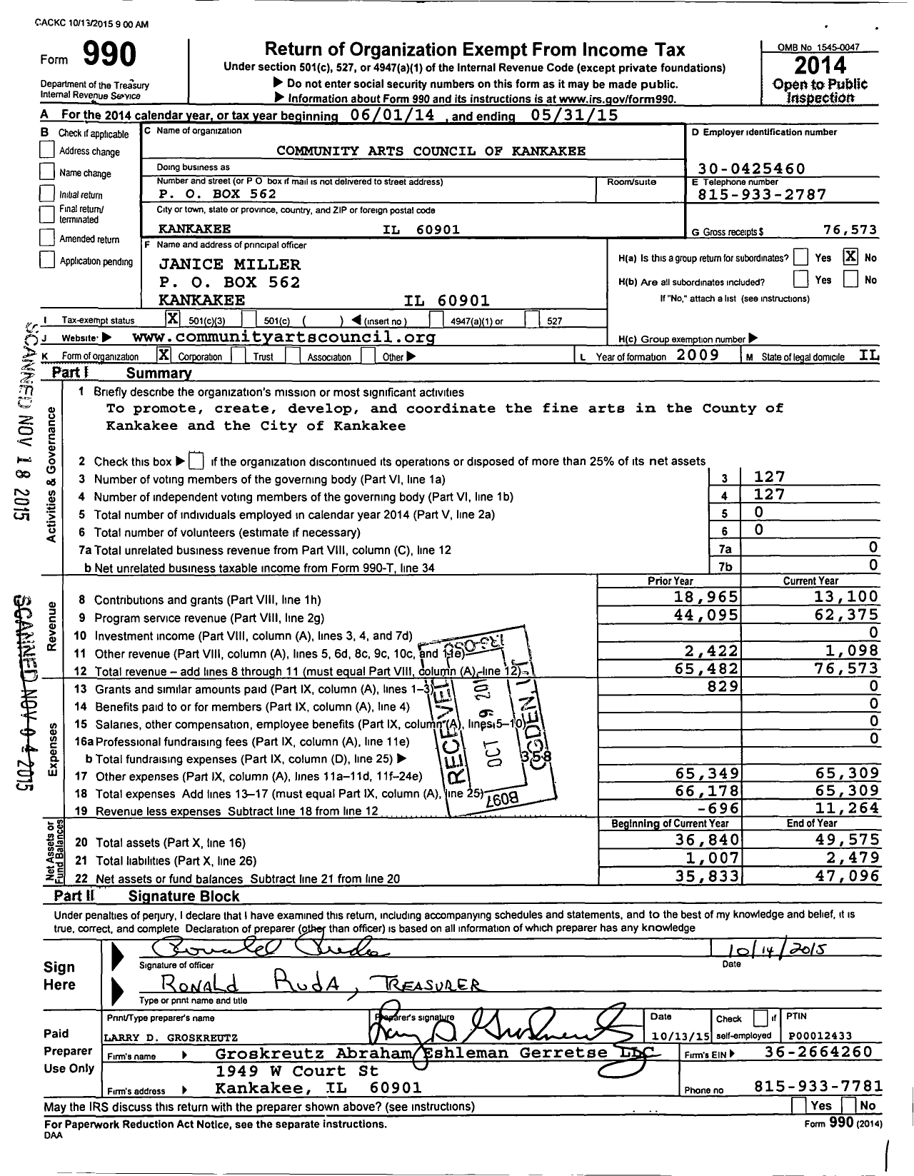 Image of first page of 2014 Form 990 for Community Arts Council of Kankakee County