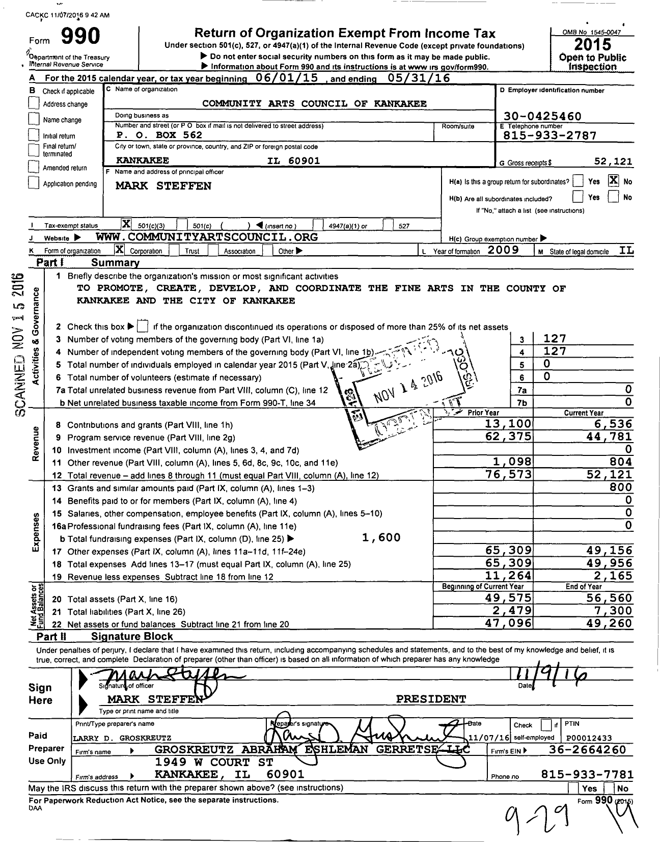 Image of first page of 2015 Form 990 for Community Arts Council of Kankakee County