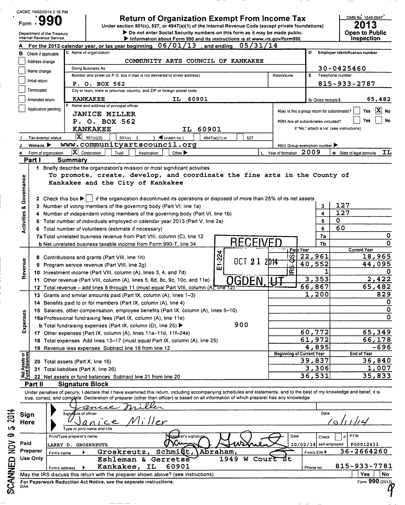 Image of first page of 2013 Form 990 for Community Arts Council of Kankakee County